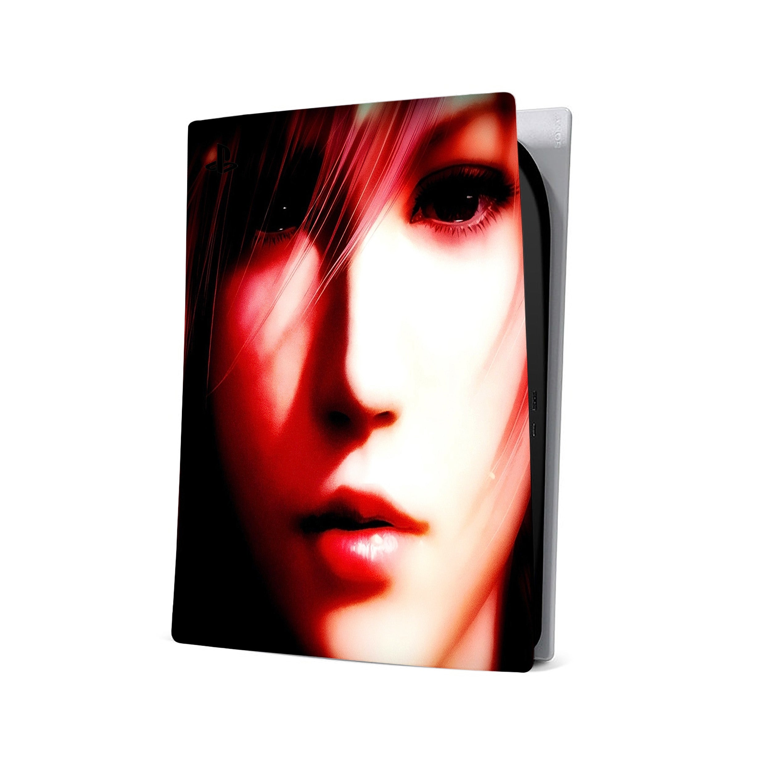 A video game skin featuring a Final Fantasy 13 Lightning design for the PS5.