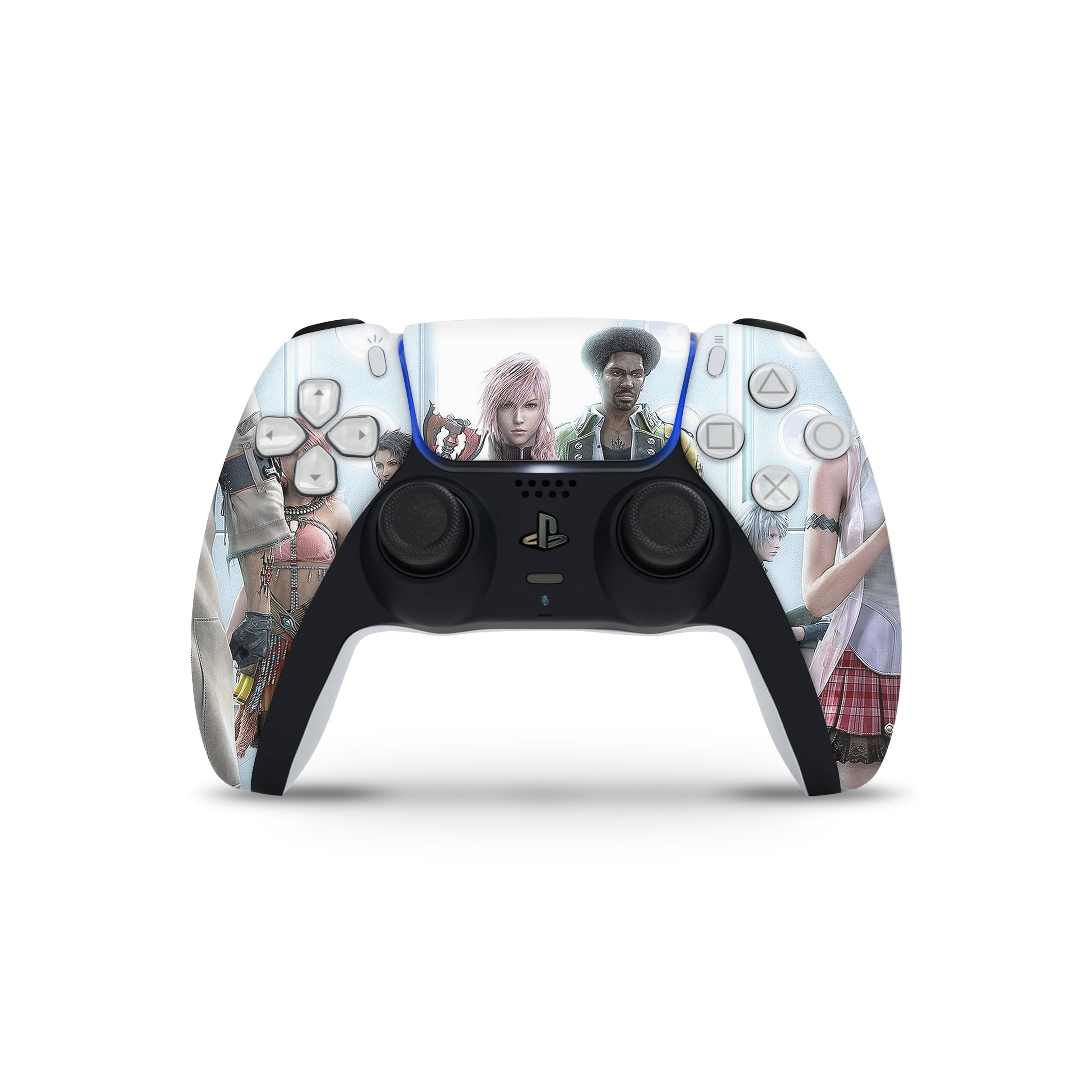 A video game skin featuring a Final Fantasy 13 Squad design for the PS5 DualSense Controller.