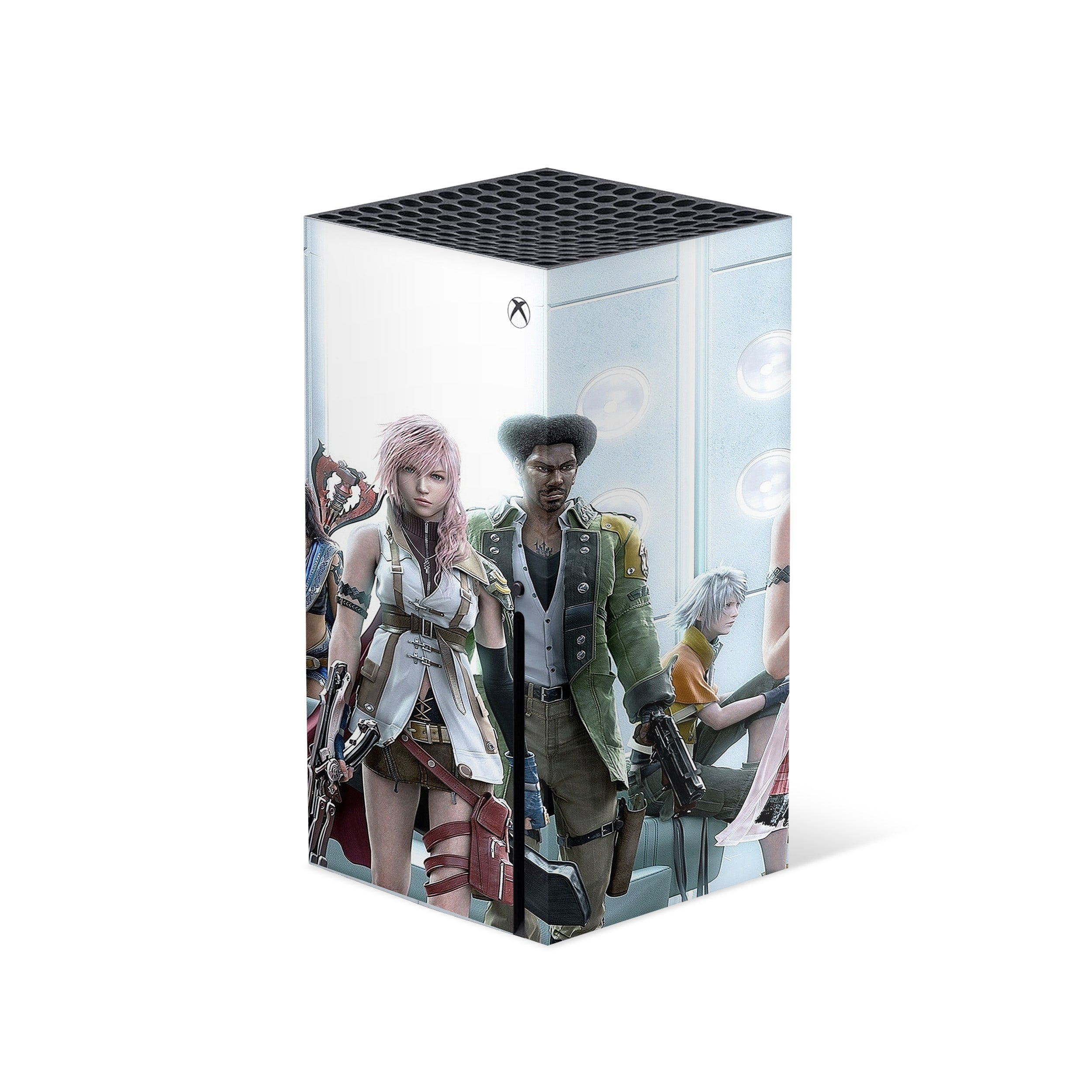 A video game skin featuring a Final Fantasy 13 Squad design for the Xbox Series X.