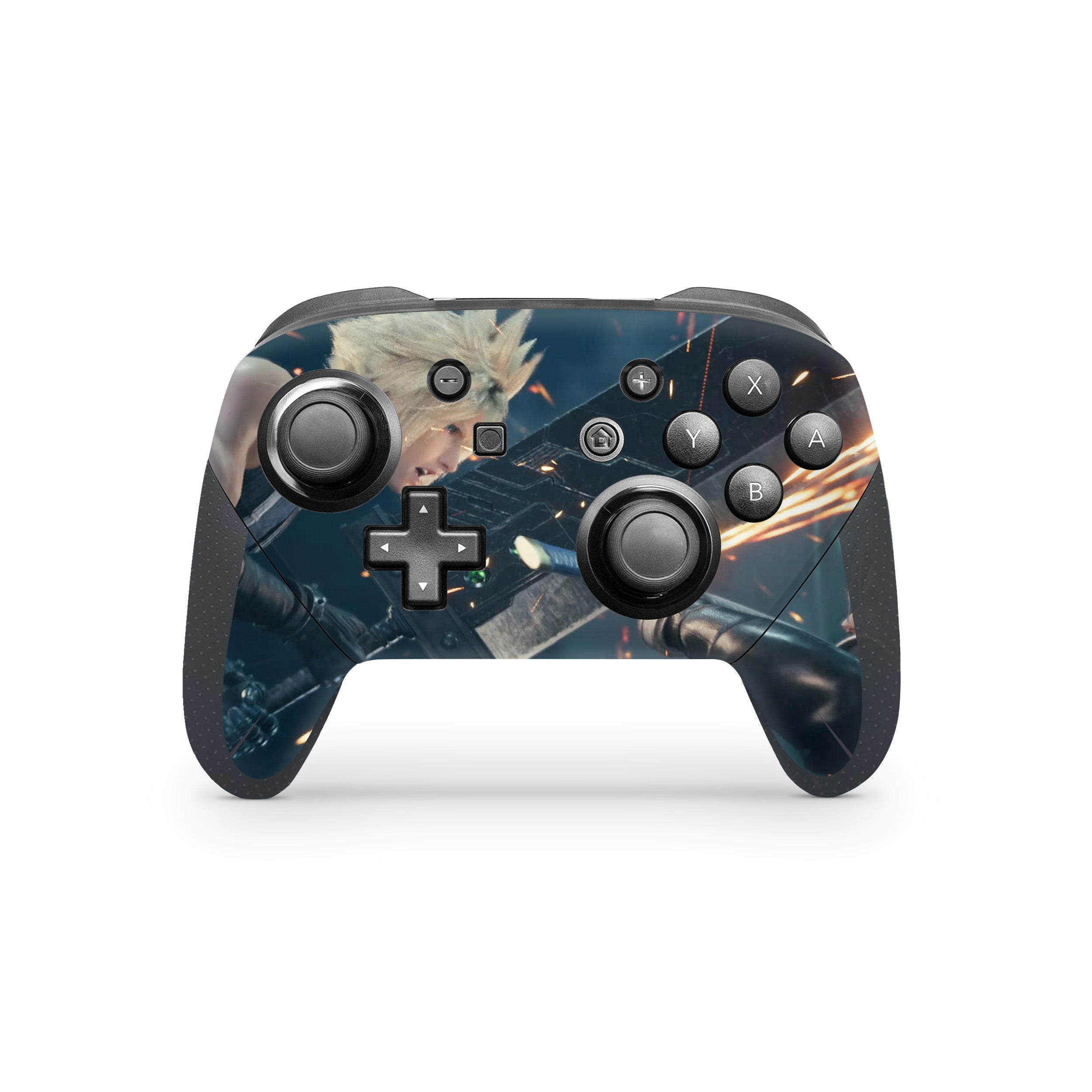 A video game skin featuring a Final Fantasy 7 Cloud vs Sephiroth design for the Switch Pro Controller.