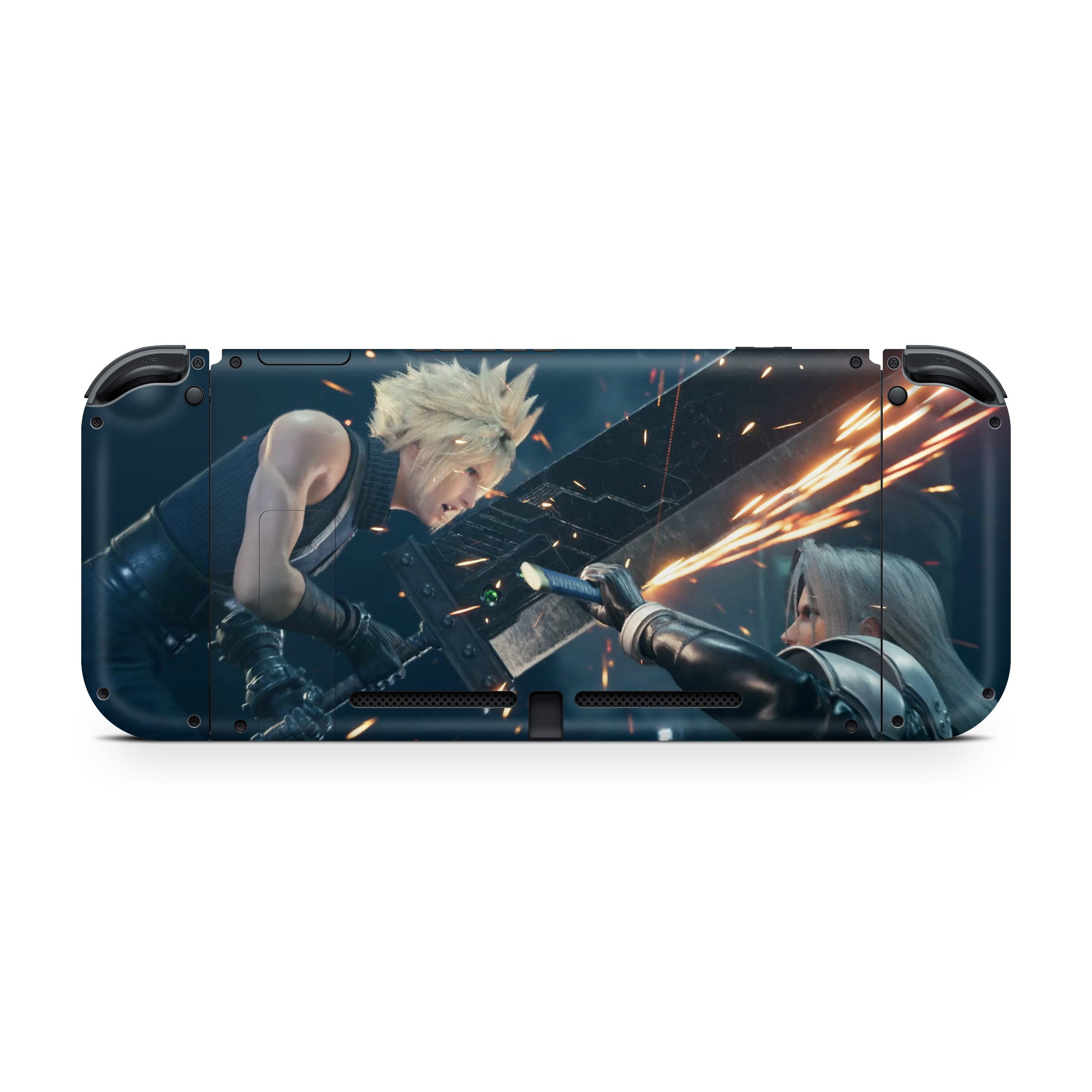 A video game skin featuring a Final Fantasy 7 Cloud vs Sephiroth design for the Nintendo Switch.