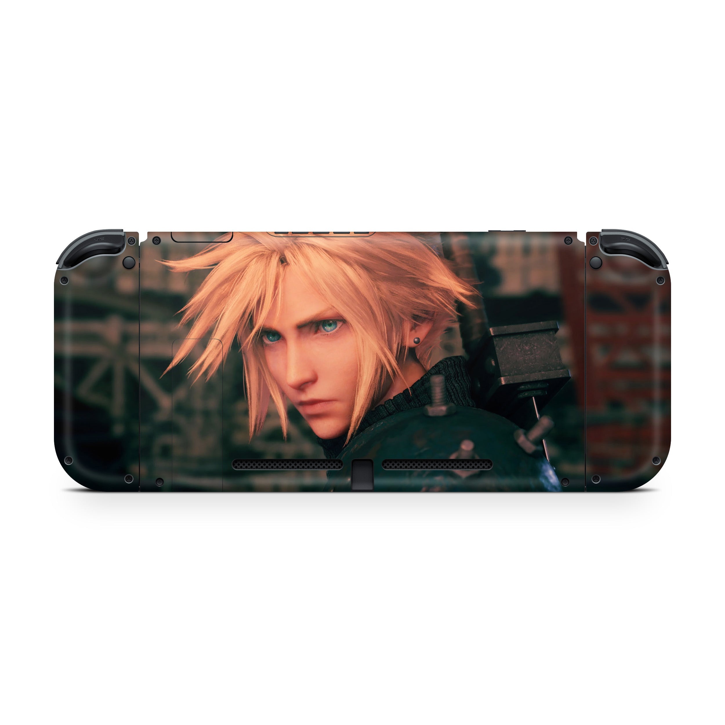 A video game skin featuring a Final Fantasy 7 Remake Cloud design for the Nintendo Switch.