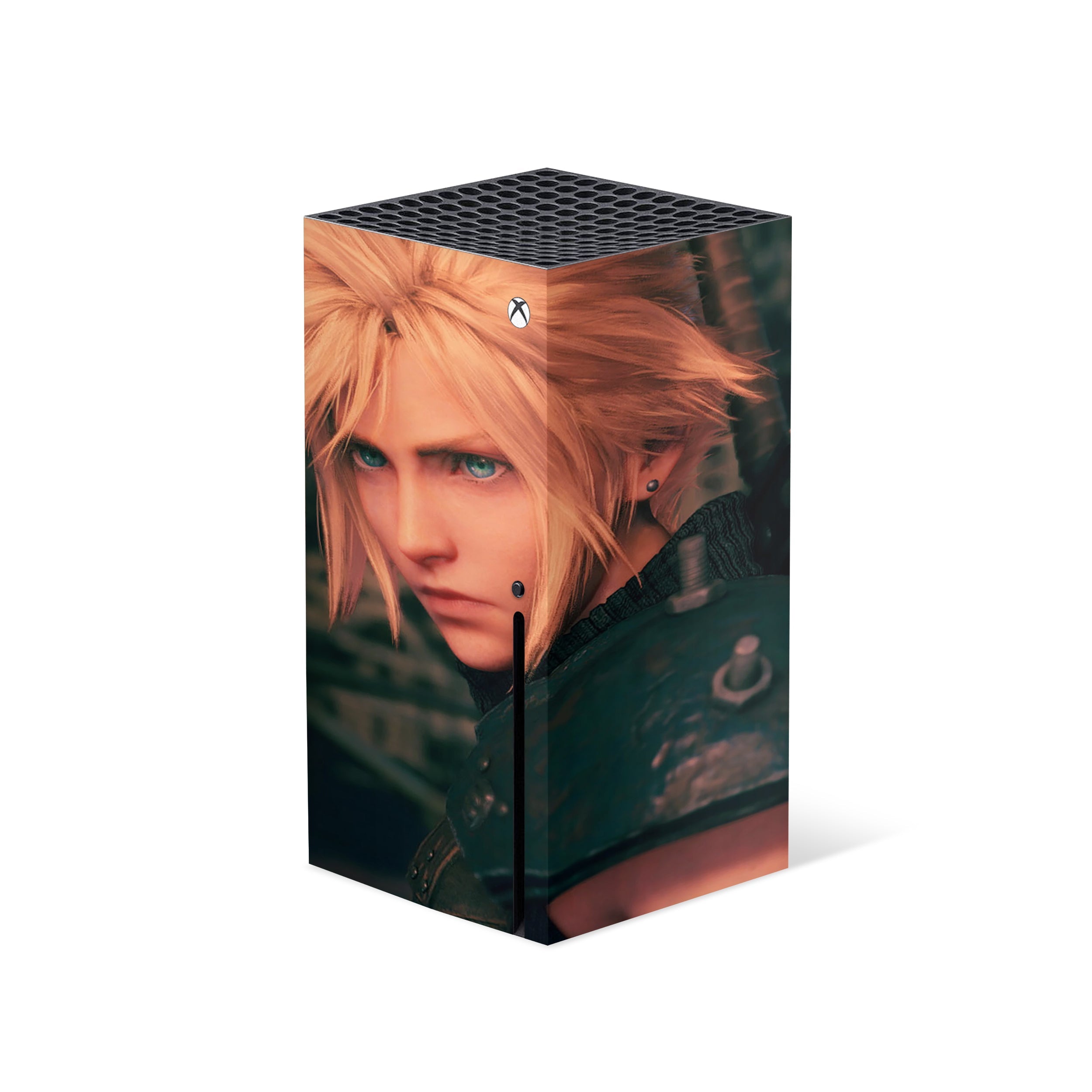 A video game skin featuring a Final Fantasy 7 Remake Cloud design for the Xbox Series X.