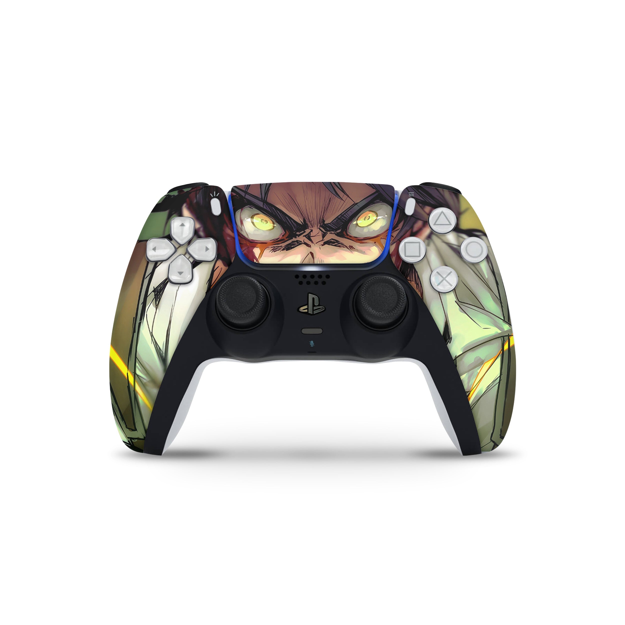 A video game skin featuring a Attack On Titan Eren Yeager design for the PS5 DualSense Controller.