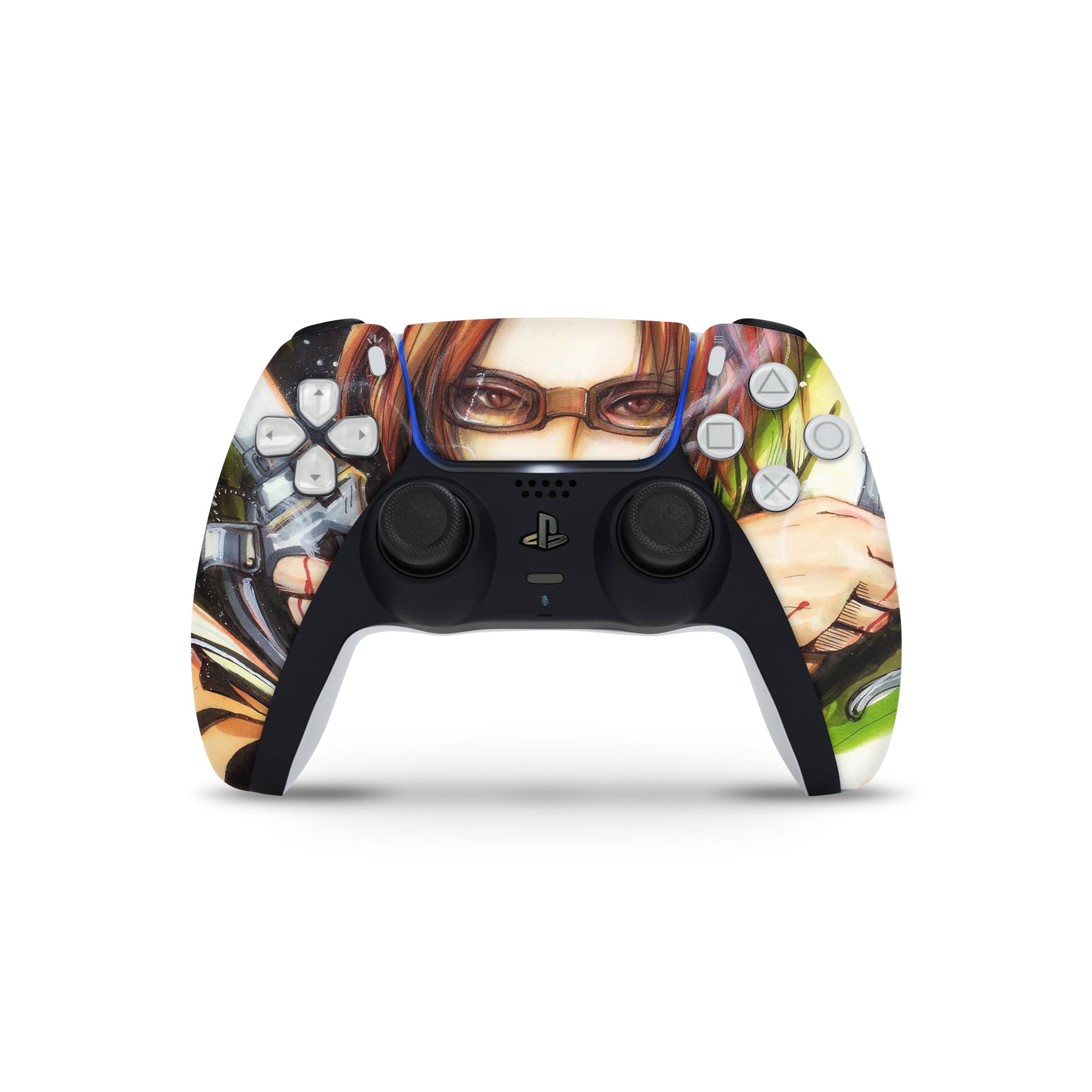 A video game skin featuring a Attack On Titan Hange Zoe design for the PS5 DualSense Controller.