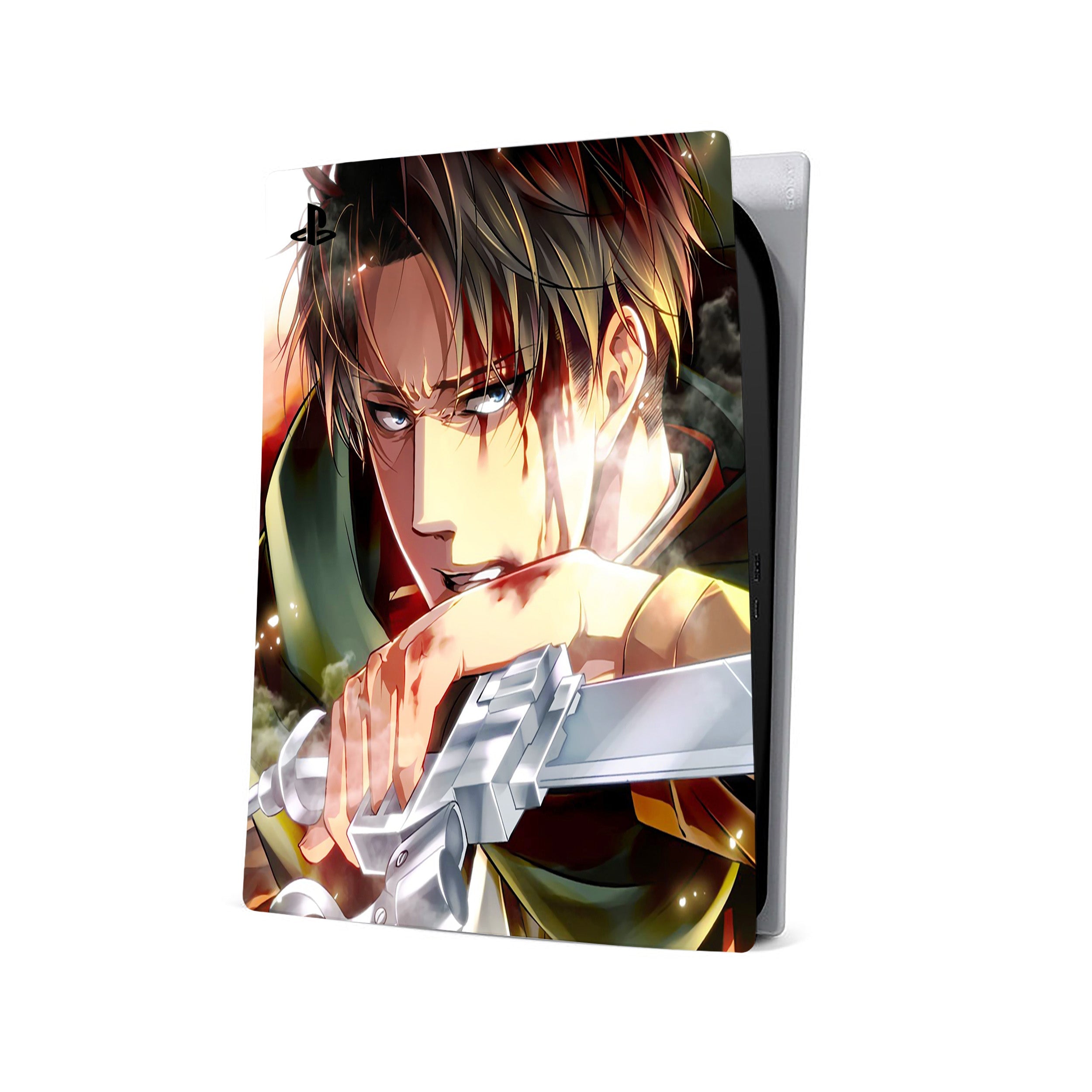 A video game skin featuring a Attack On Titan Levi Ackerman design for the PS5.