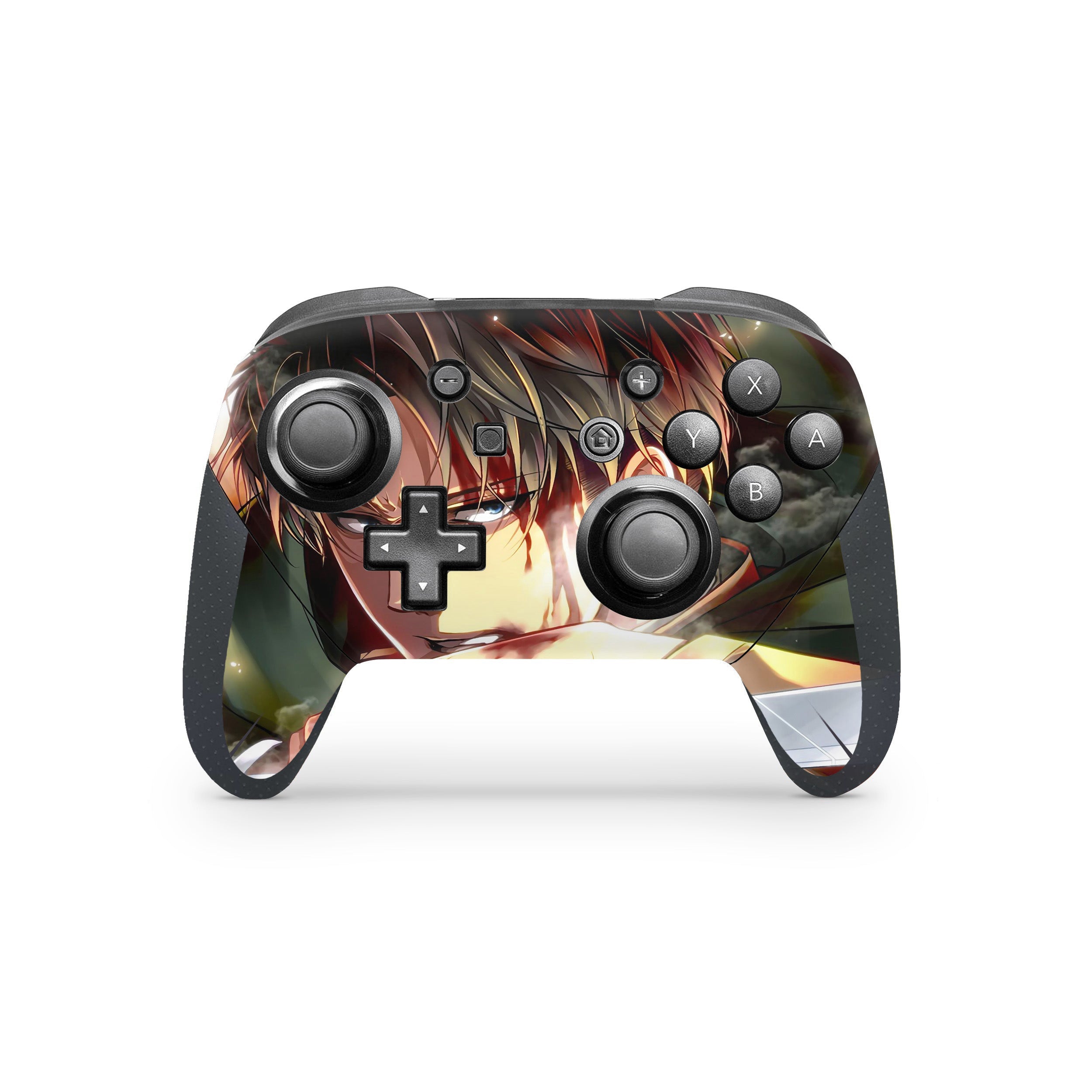A video game skin featuring a Attack On Titan Levi Ackerman design for the Switch Pro Controller.