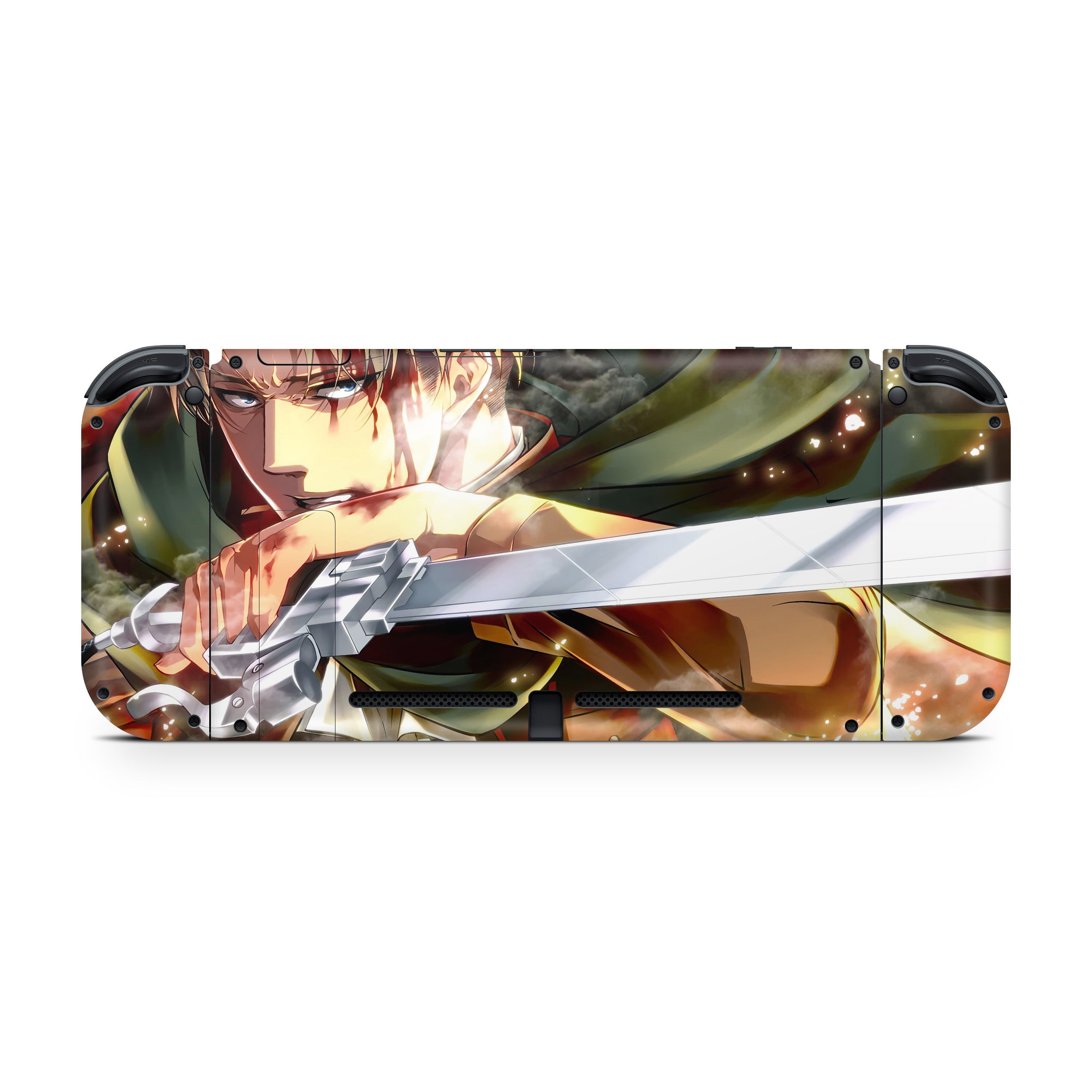 A video game skin featuring a Attack On Titan Levi Ackerman design for the Nintendo Switch.