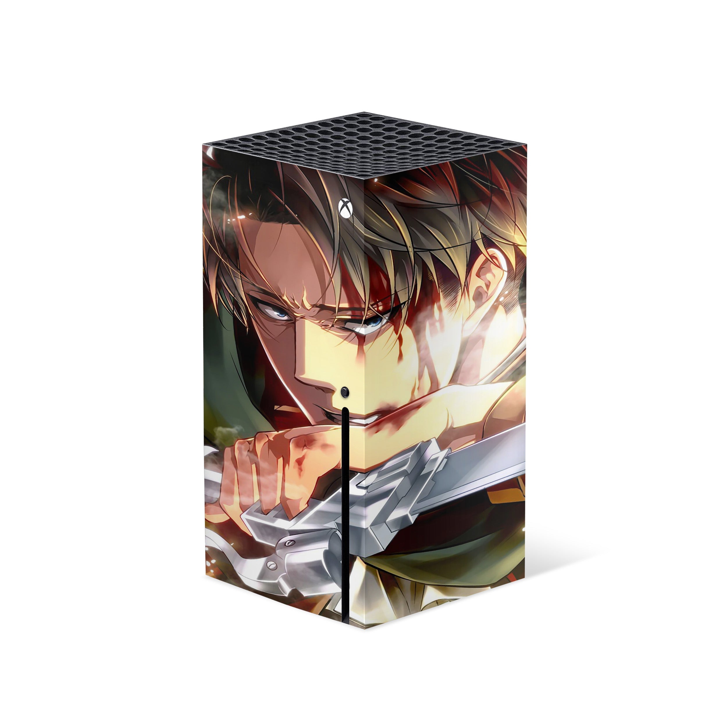 A video game skin featuring a Attack On Titan Levi Ackerman design for the Xbox Series X.