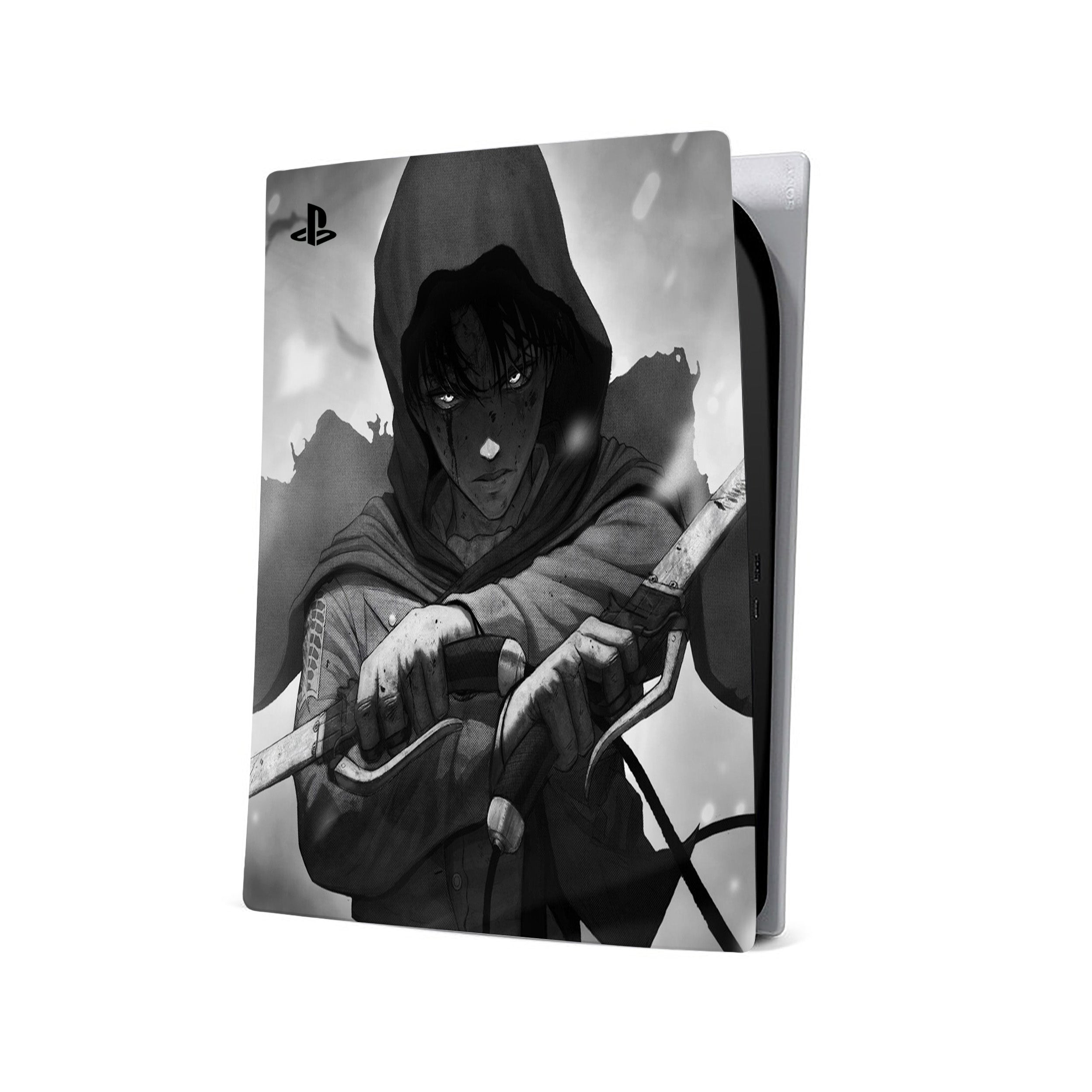 A video game skin featuring a Attack On Titan Levi Ackerman design for the PS5.