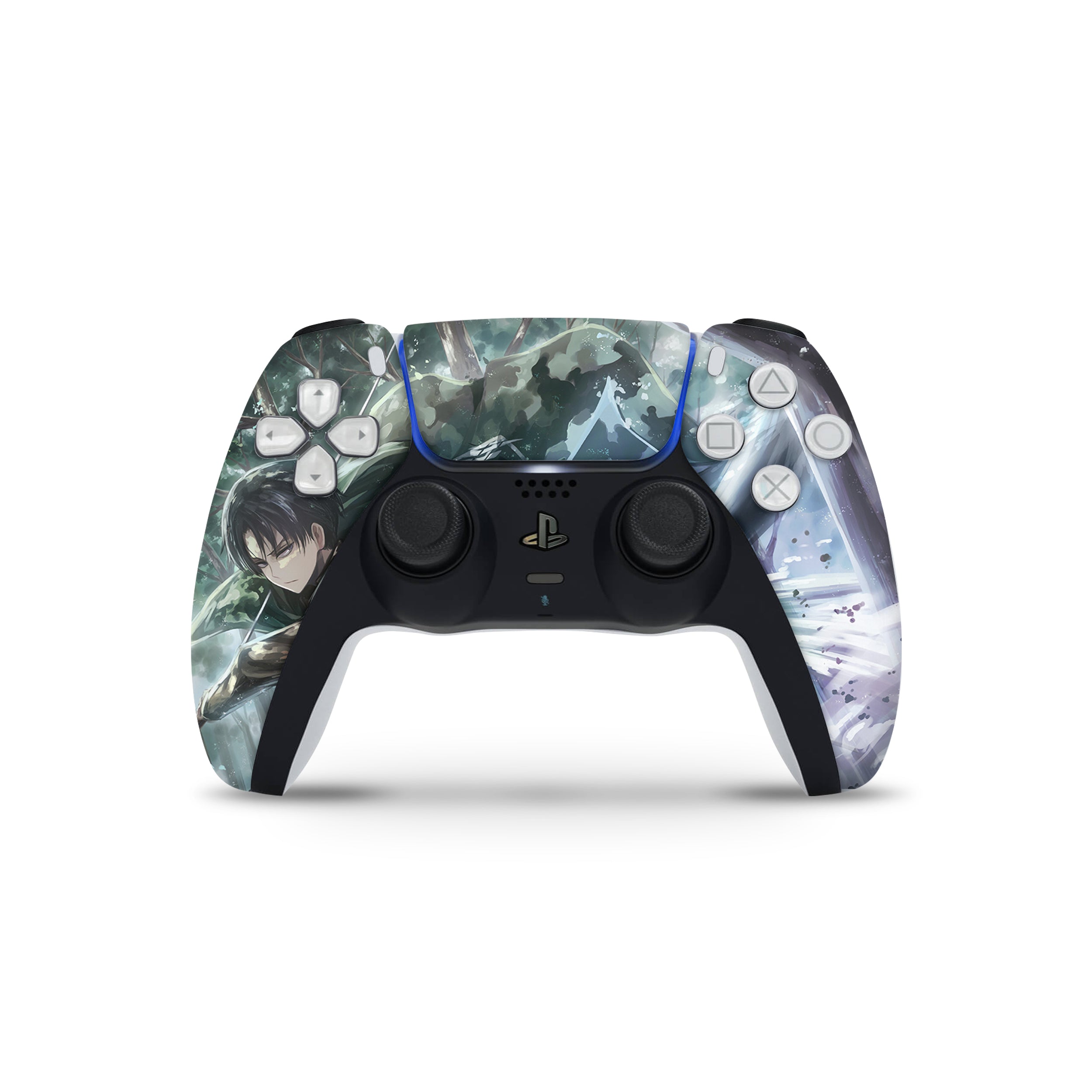 A video game skin featuring a Attack On Titan Levi Ackerman design for the PS5 DualSense Controller.