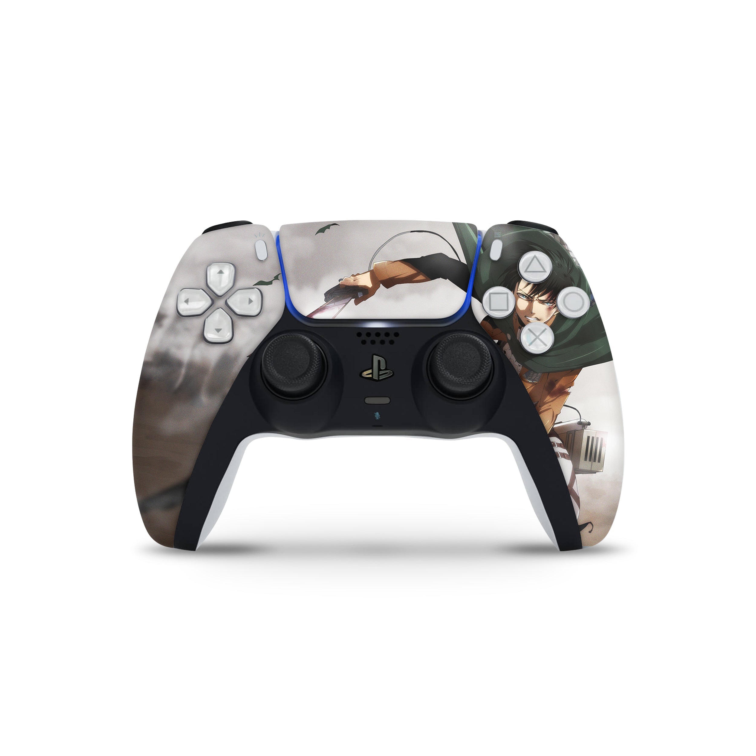 A video game skin featuring a Attack On Titan Levi Ackerman design for the PS5 DualSense Controller.