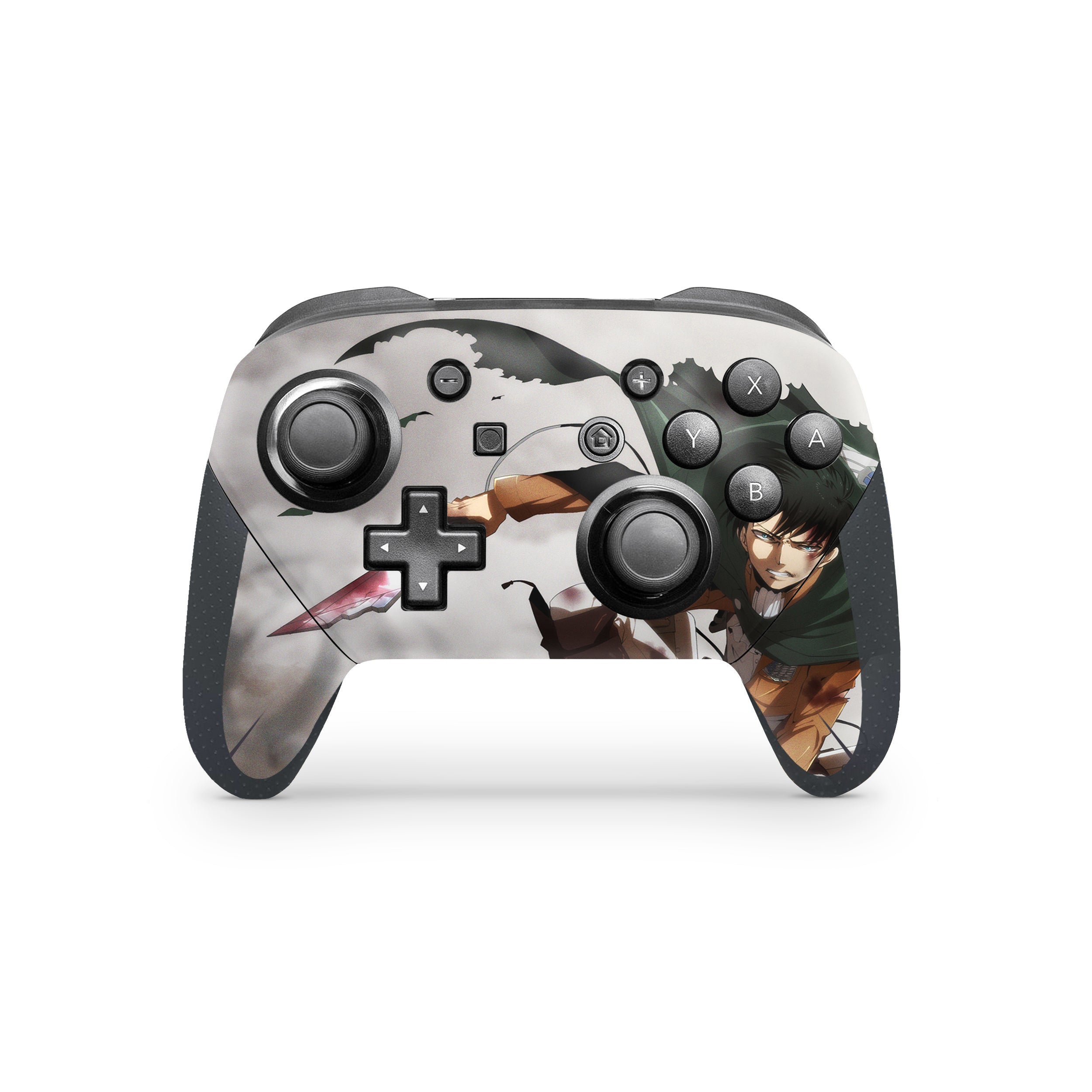 A video game skin featuring a Attack On Titan Levi Ackerman design for the Switch Pro Controller.