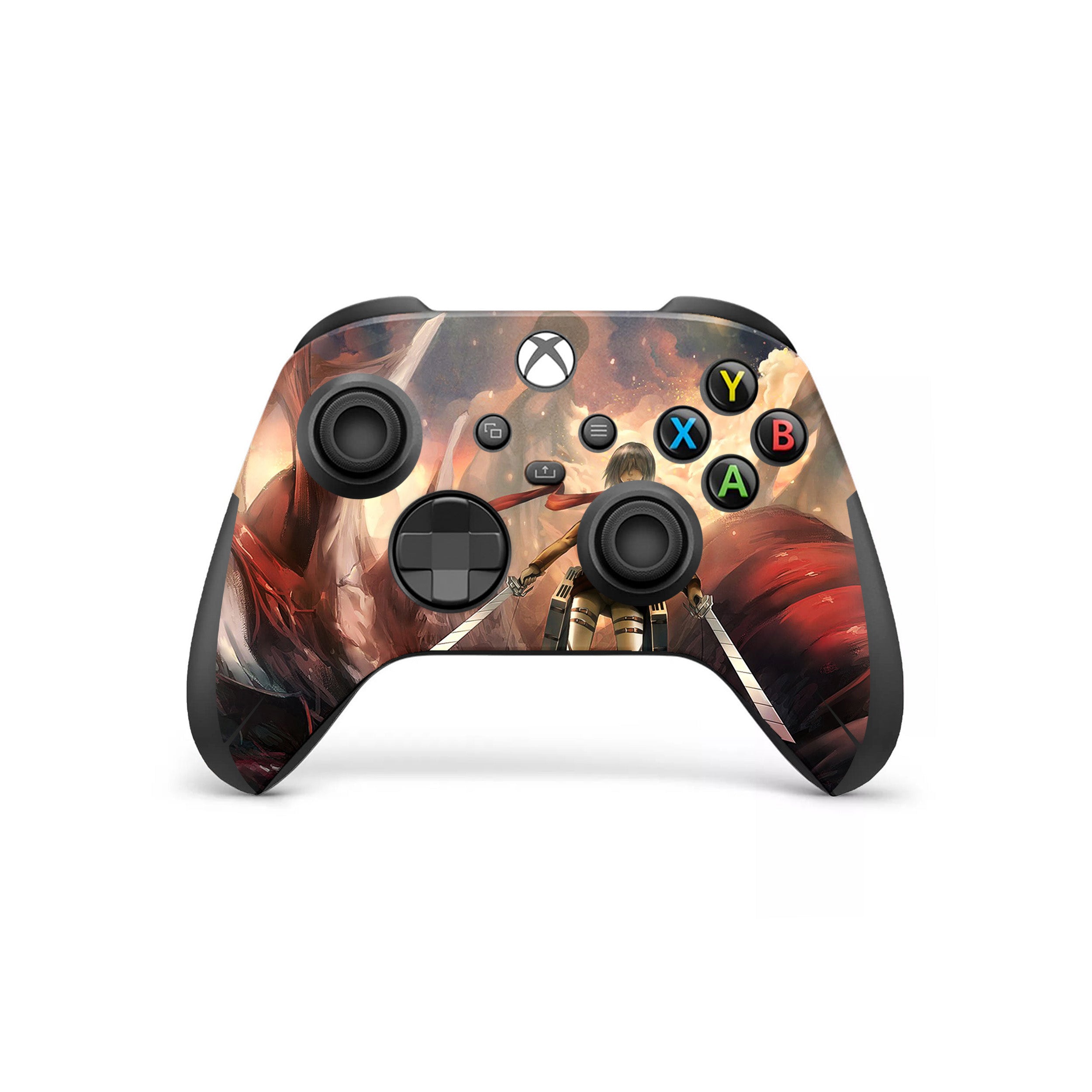 A video game skin featuring a Attack On Titan Mikasa Ackerman design for the Xbox Wireless Controller.