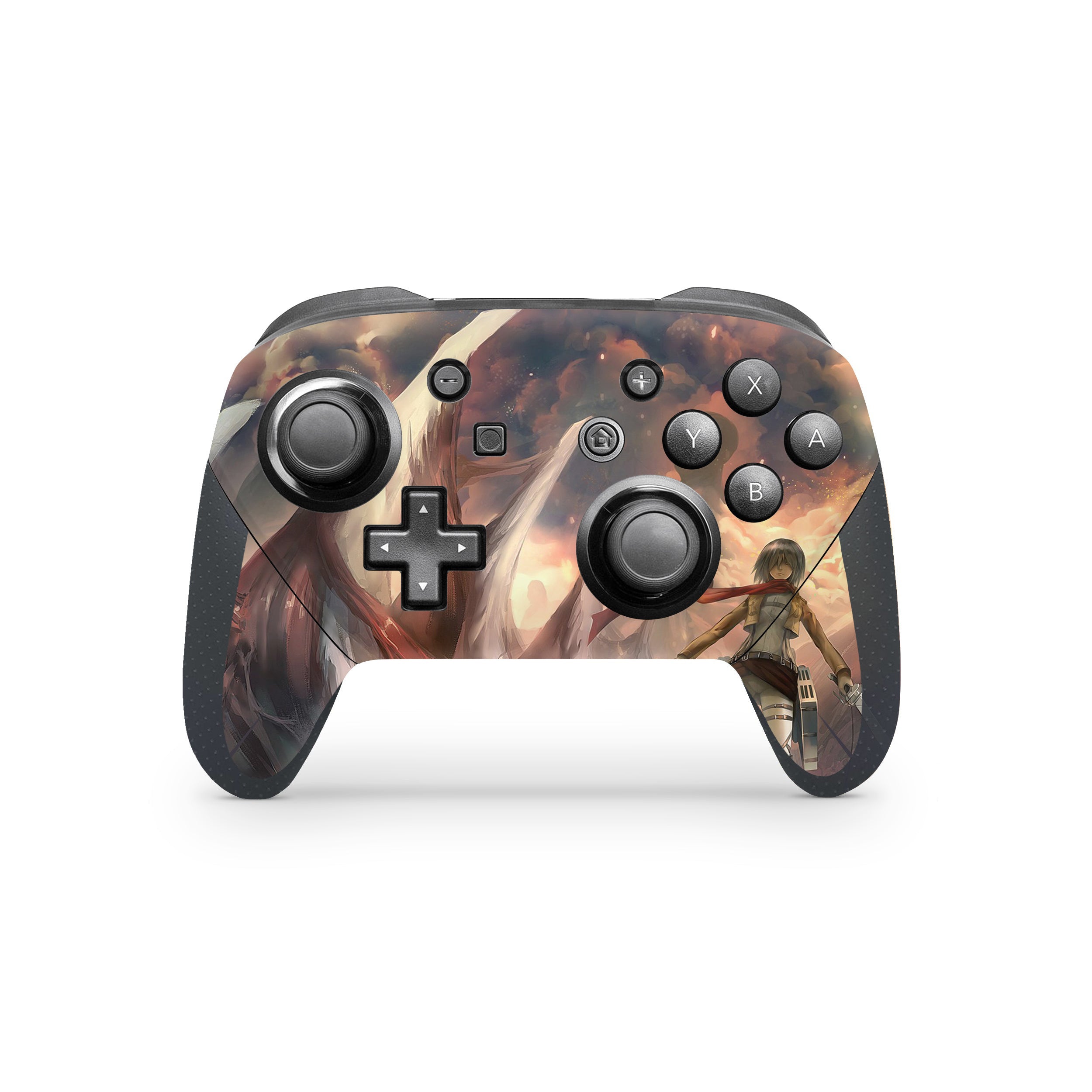 A video game skin featuring a Attack On Titan Mikasa Ackerman design for the Switch Pro Controller.