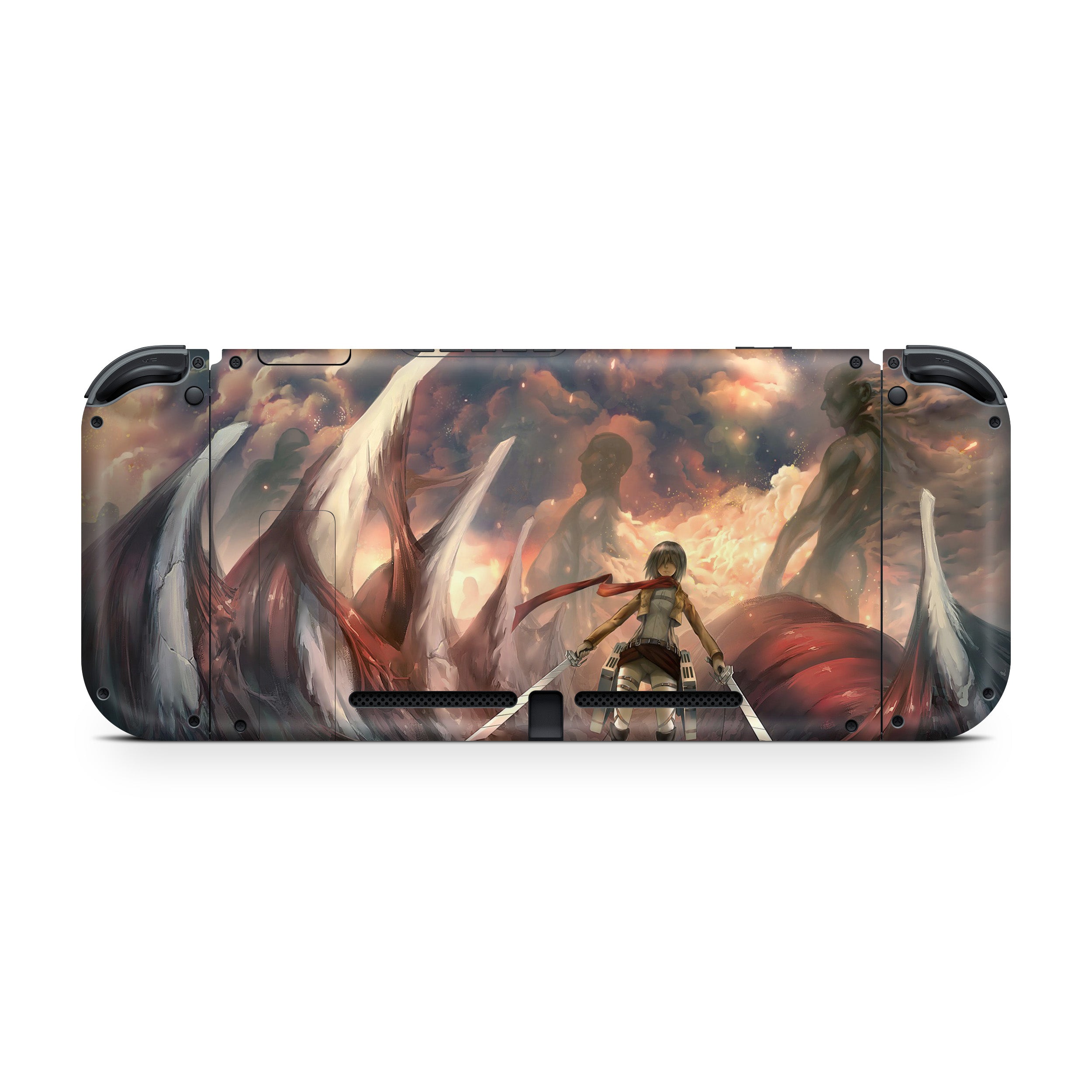 A video game skin featuring a Attack On Titan Mikasa Ackerman design for the Nintendo Switch.