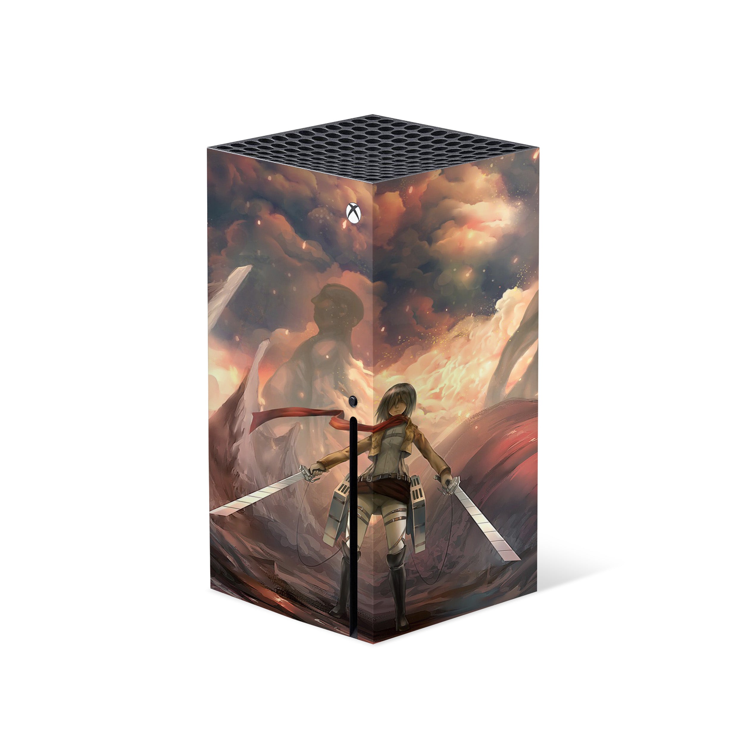 A video game skin featuring a Attack On Titan Mikasa Ackerman design for the Xbox Series X.