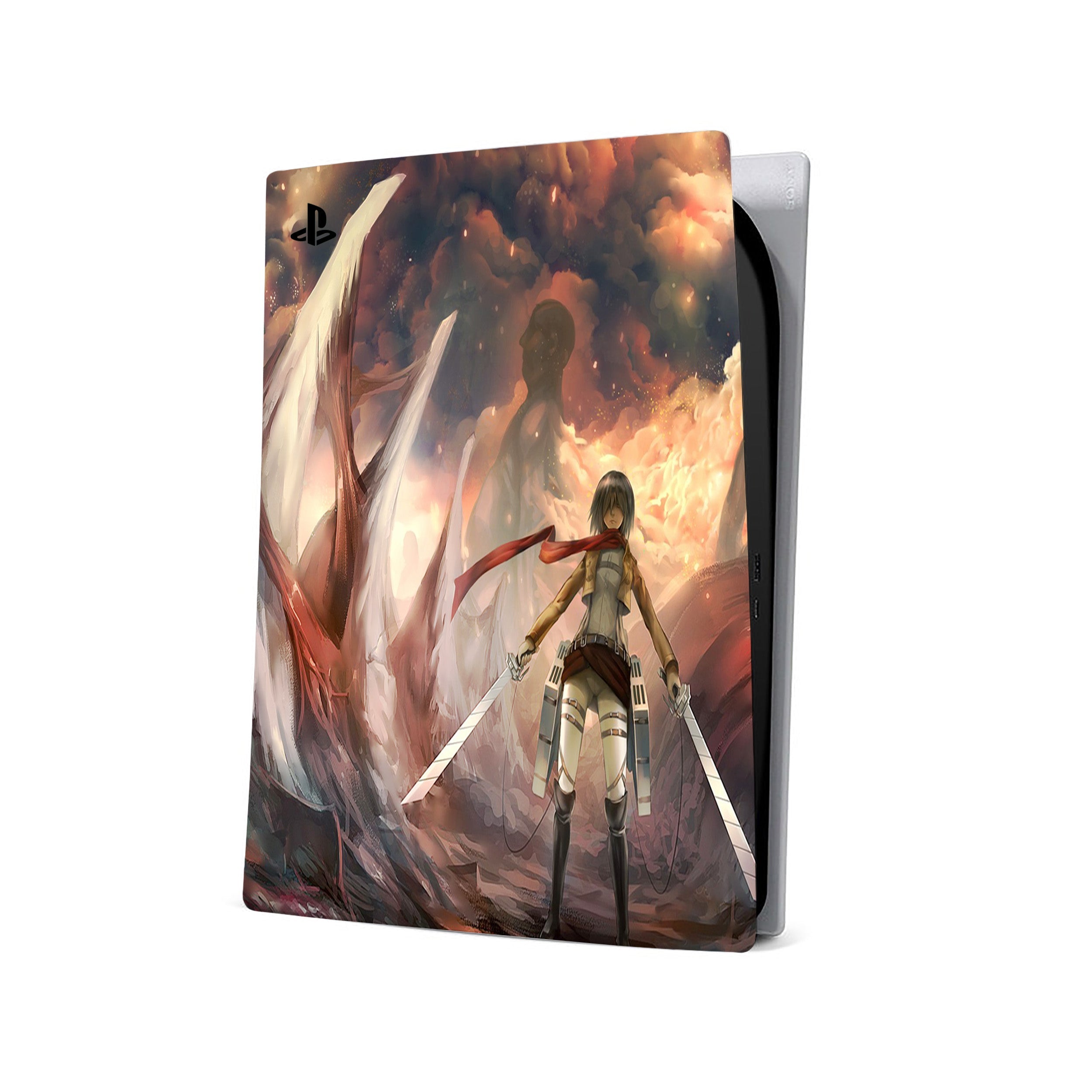 A video game skin featuring a Attack On Titan Mikasa Ackerman design for the PS5.