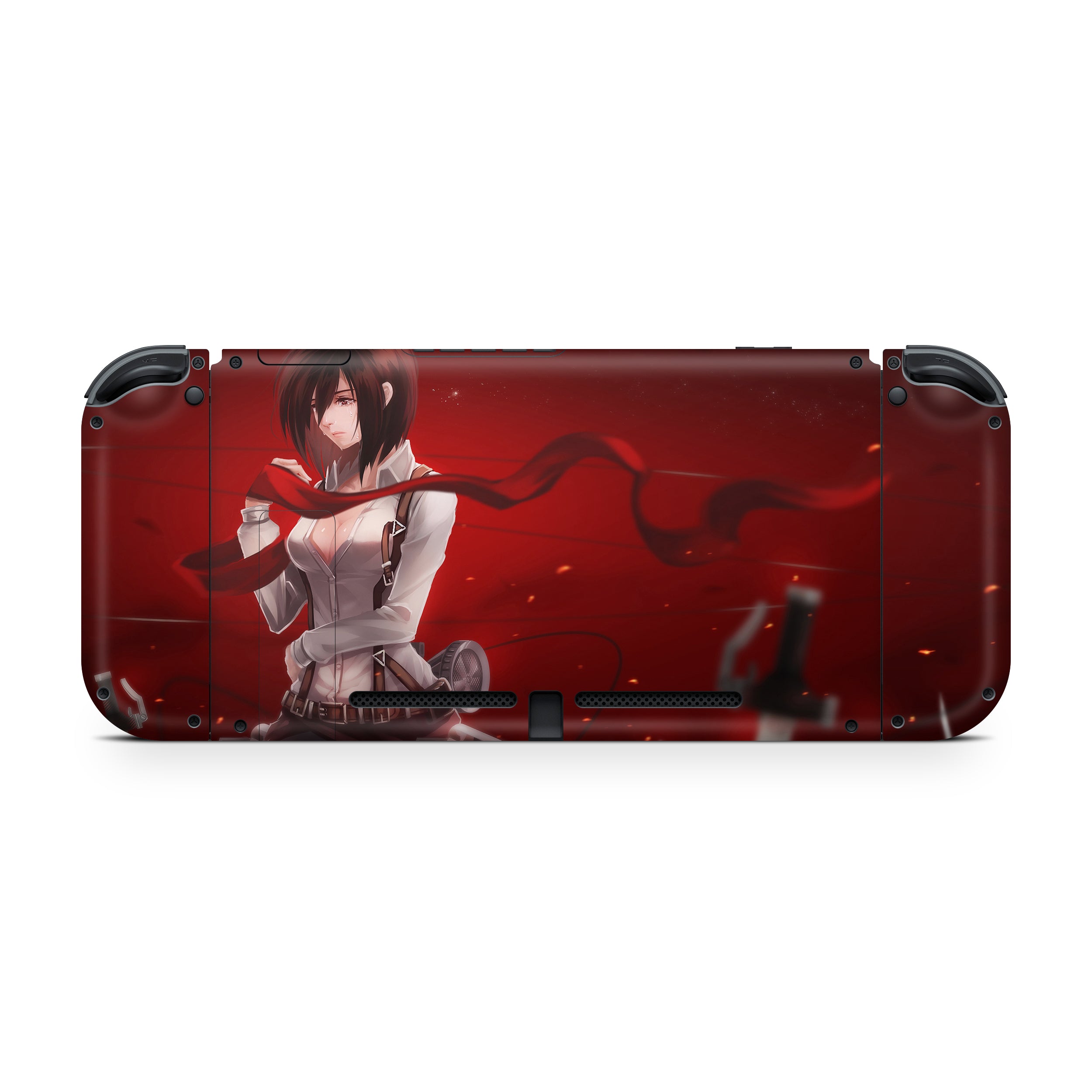 A video game skin featuring a Attack On Titan Mikasa Ackerman design for the Nintendo Switch.