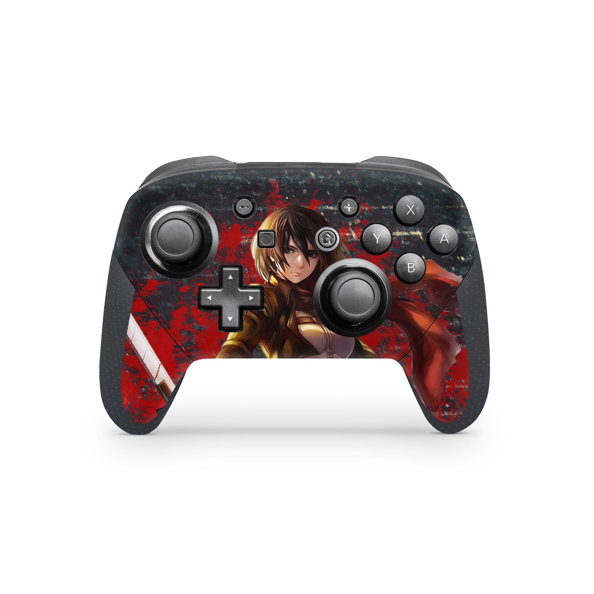 A video game skin featuring a Attack On Titan Mikasa Ackerman design for the Switch Pro Controller.