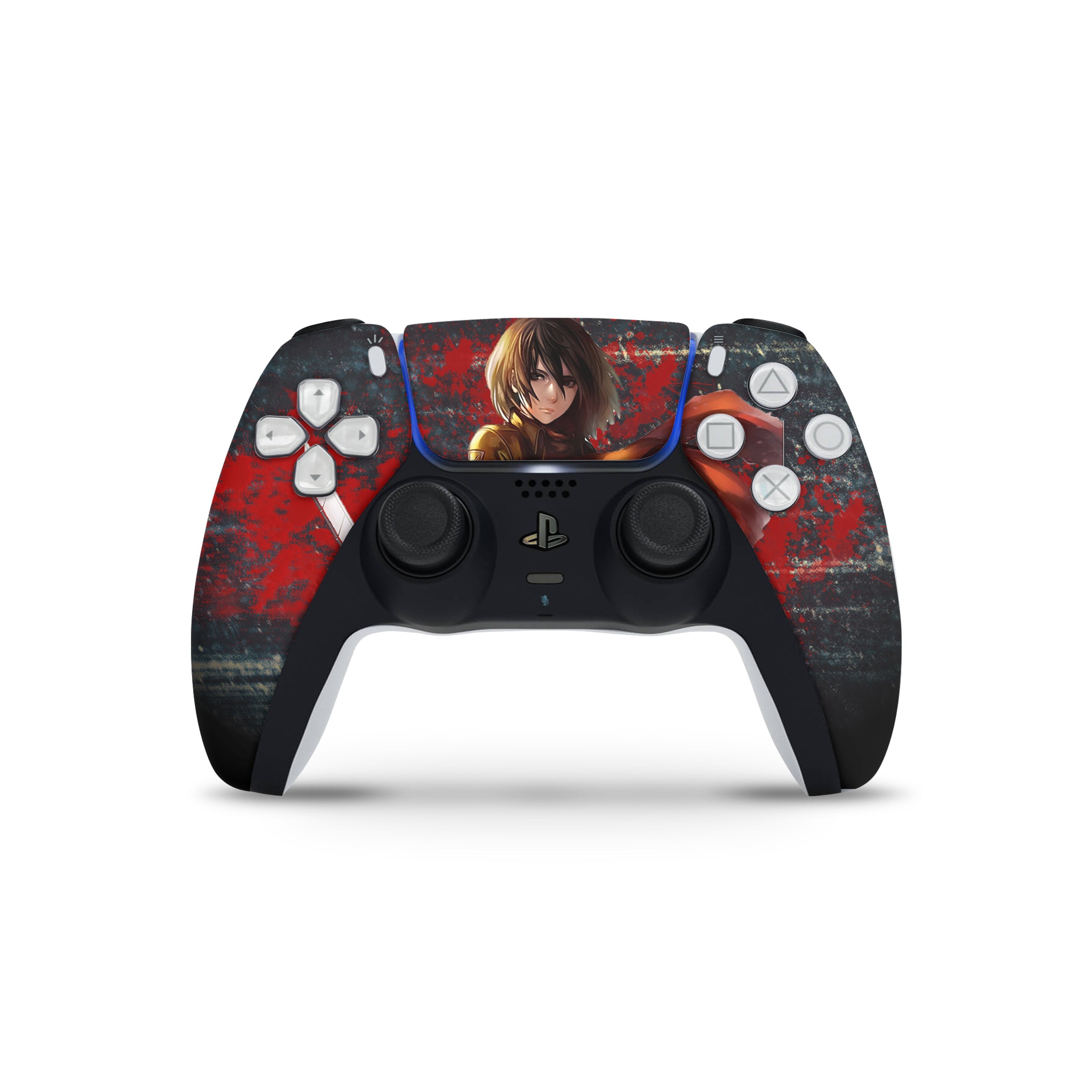 A video game skin featuring a Attack On Titan Mikasa Ackerman design for the PS5 DualSense Controller.