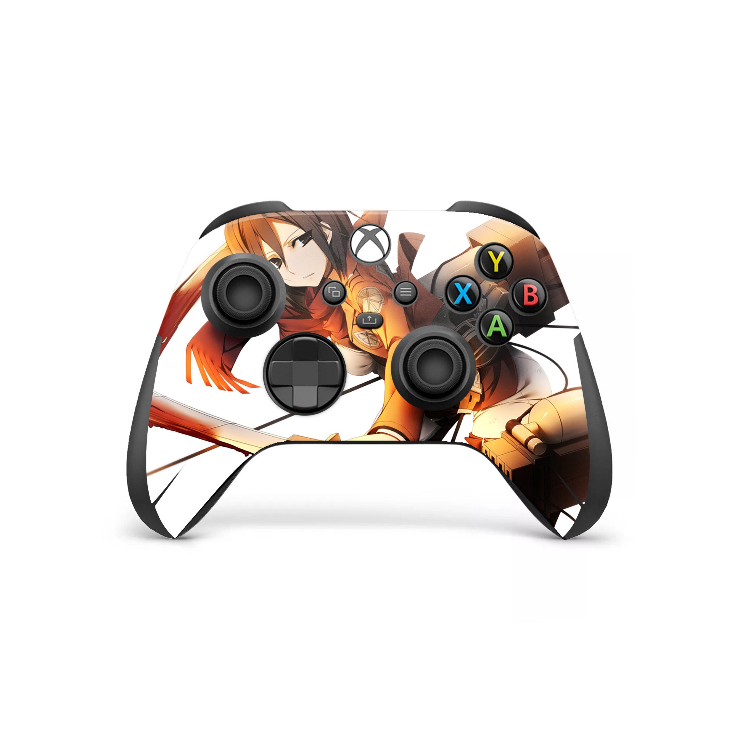 A video game skin featuring a Attack On Titan Mikasa Ackerman design for the Xbox Wireless Controller.