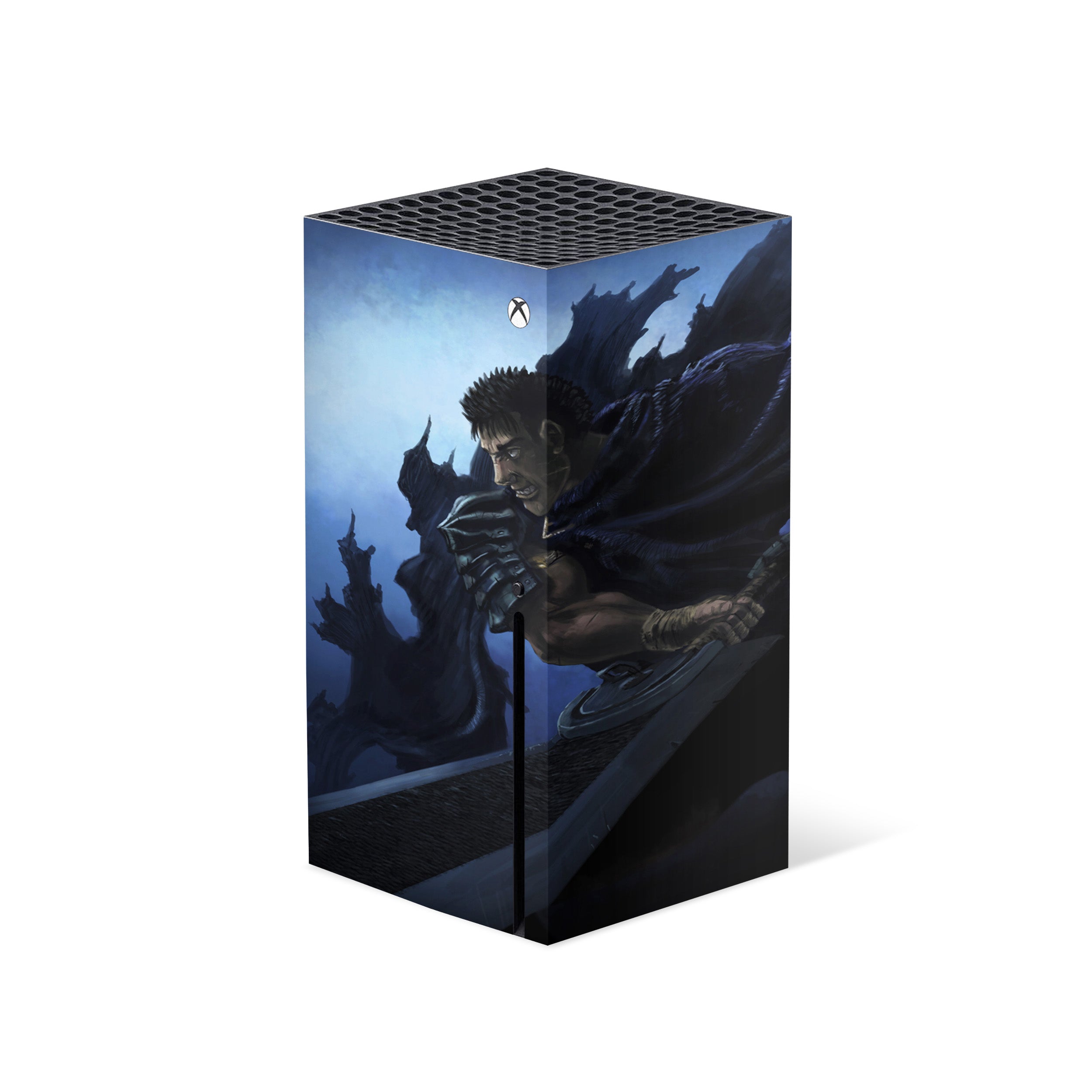 A video game skin featuring a Berserk Guts design for the Xbox Series X.