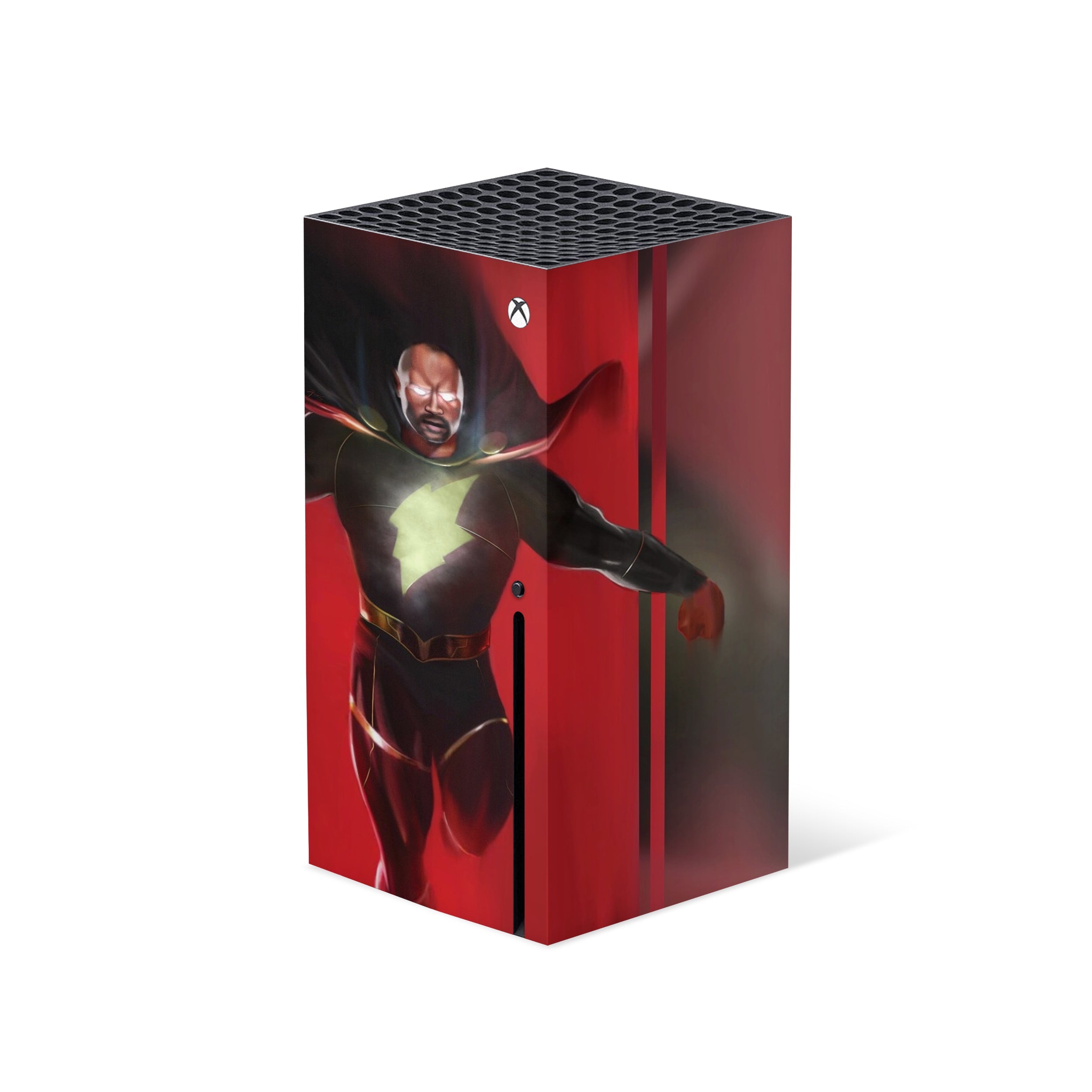 A video game skin featuring a DC Comics Black Adam design for the Xbox Series X.