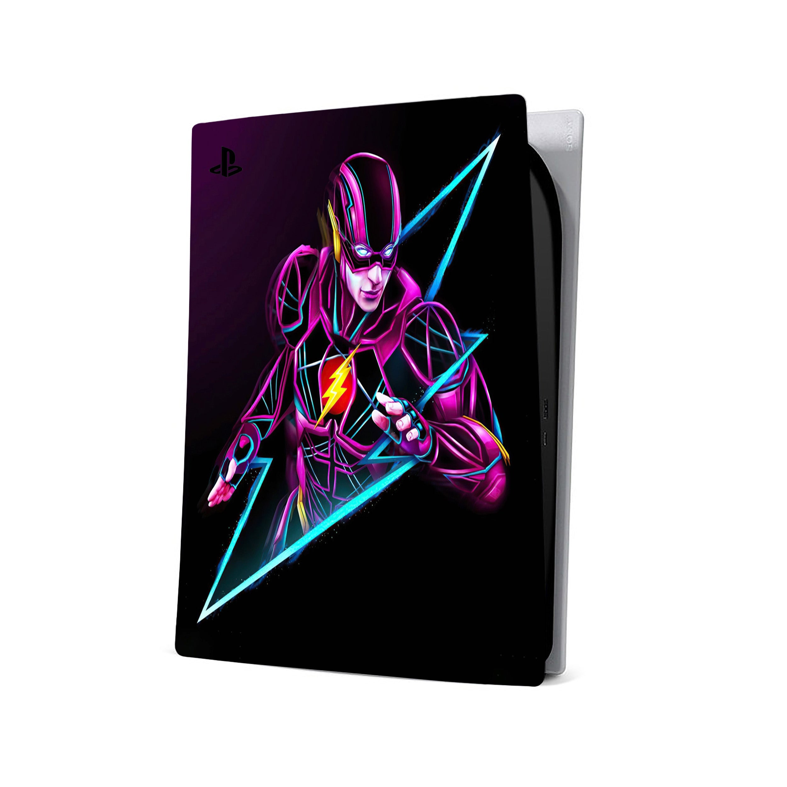 A video game skin featuring a DC Comics Flash design for the PS5.
