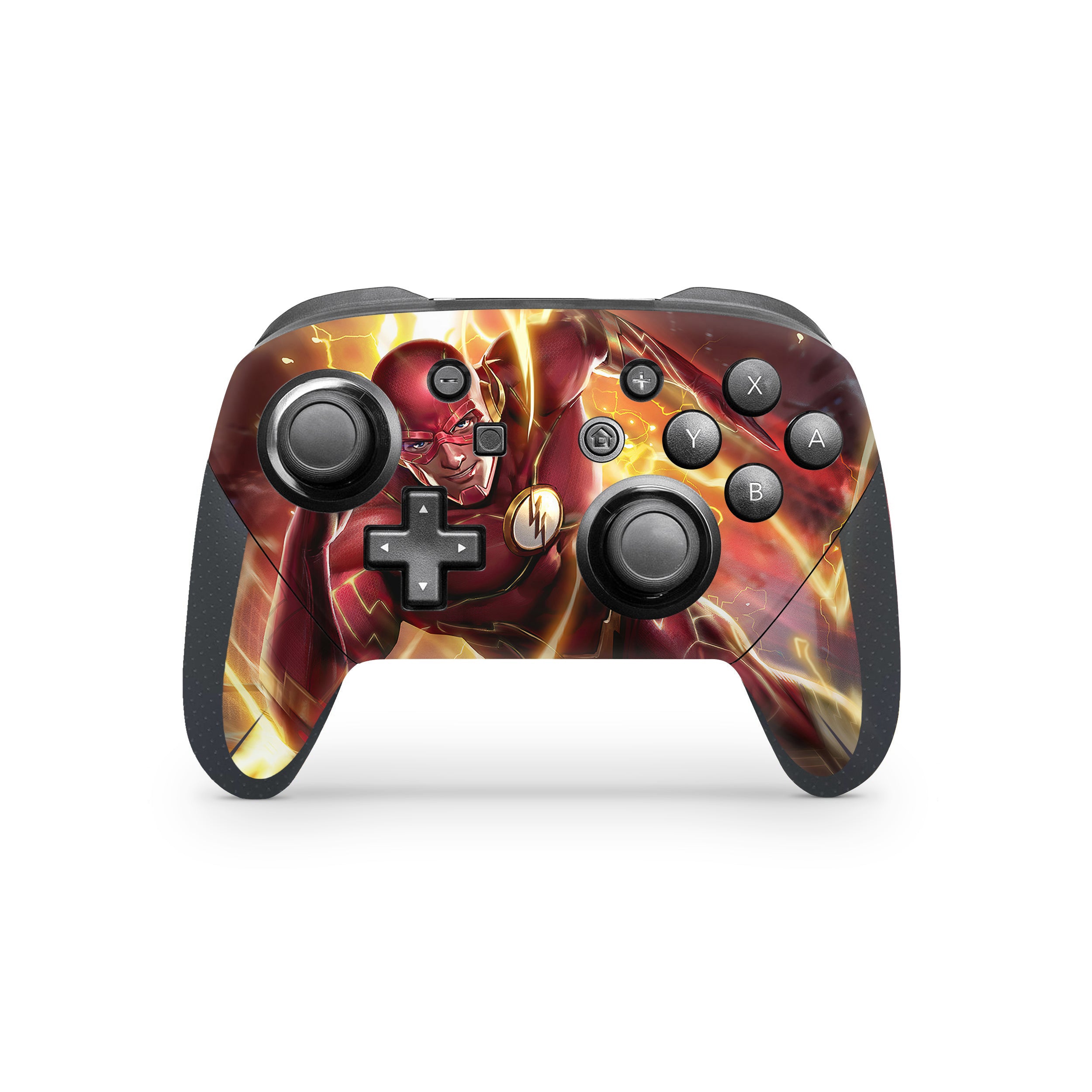 A video game skin featuring a DC Comics Flash design for the Switch Pro Controller.