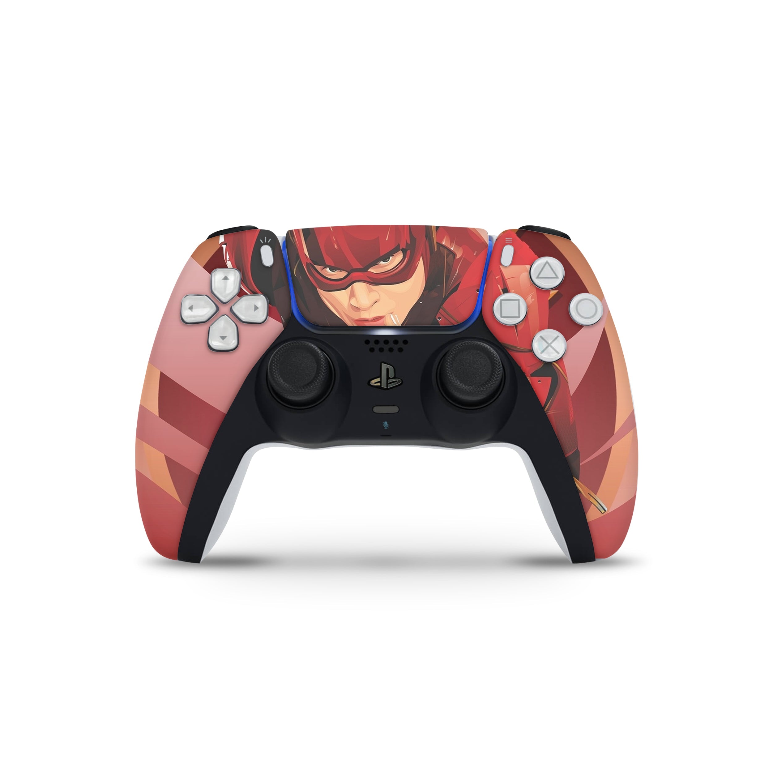 A video game skin featuring a DC Comics Flash design for the PS5 DualSense Controller.