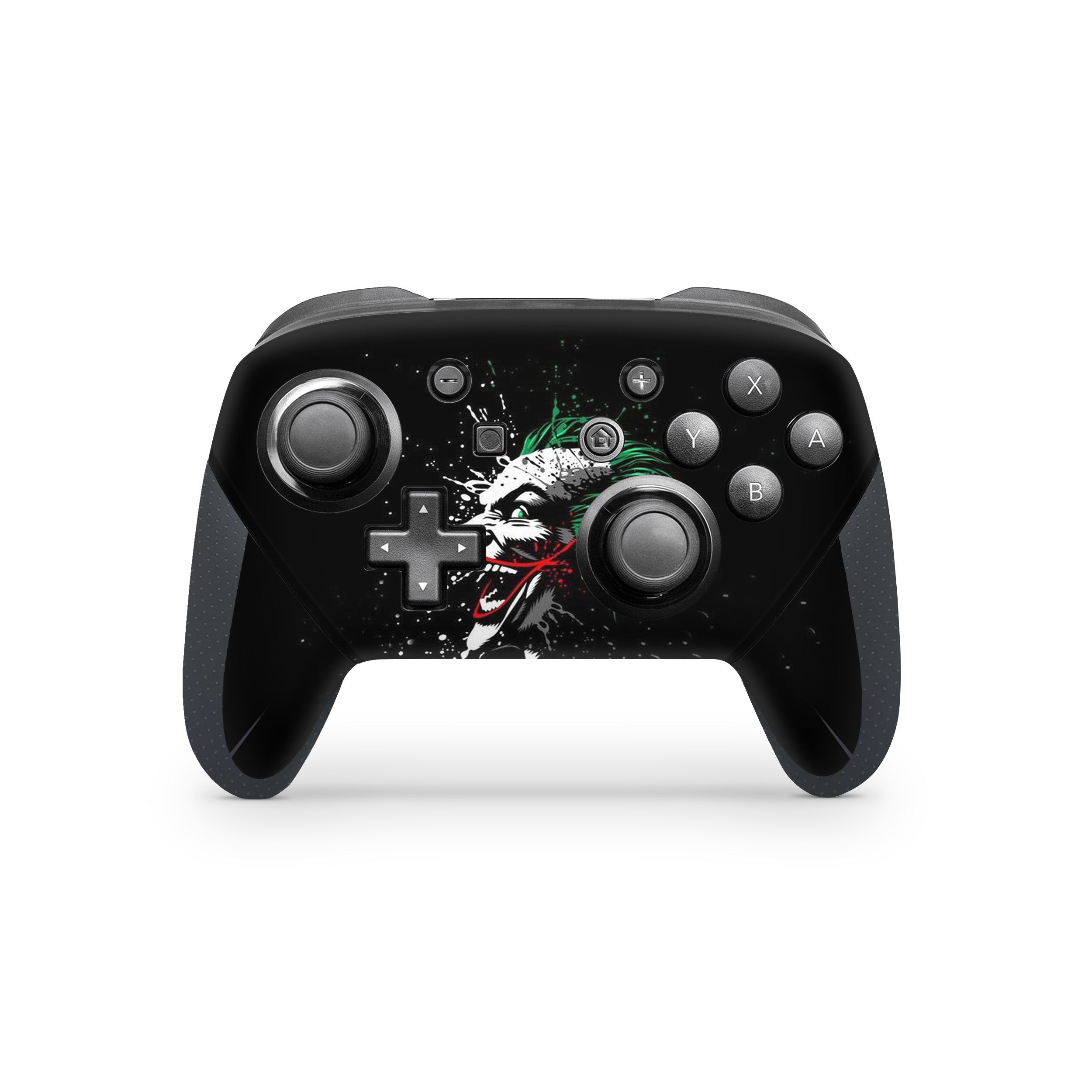 A video game skin featuring a DC Comics Joker design for the Switch Pro Controller.