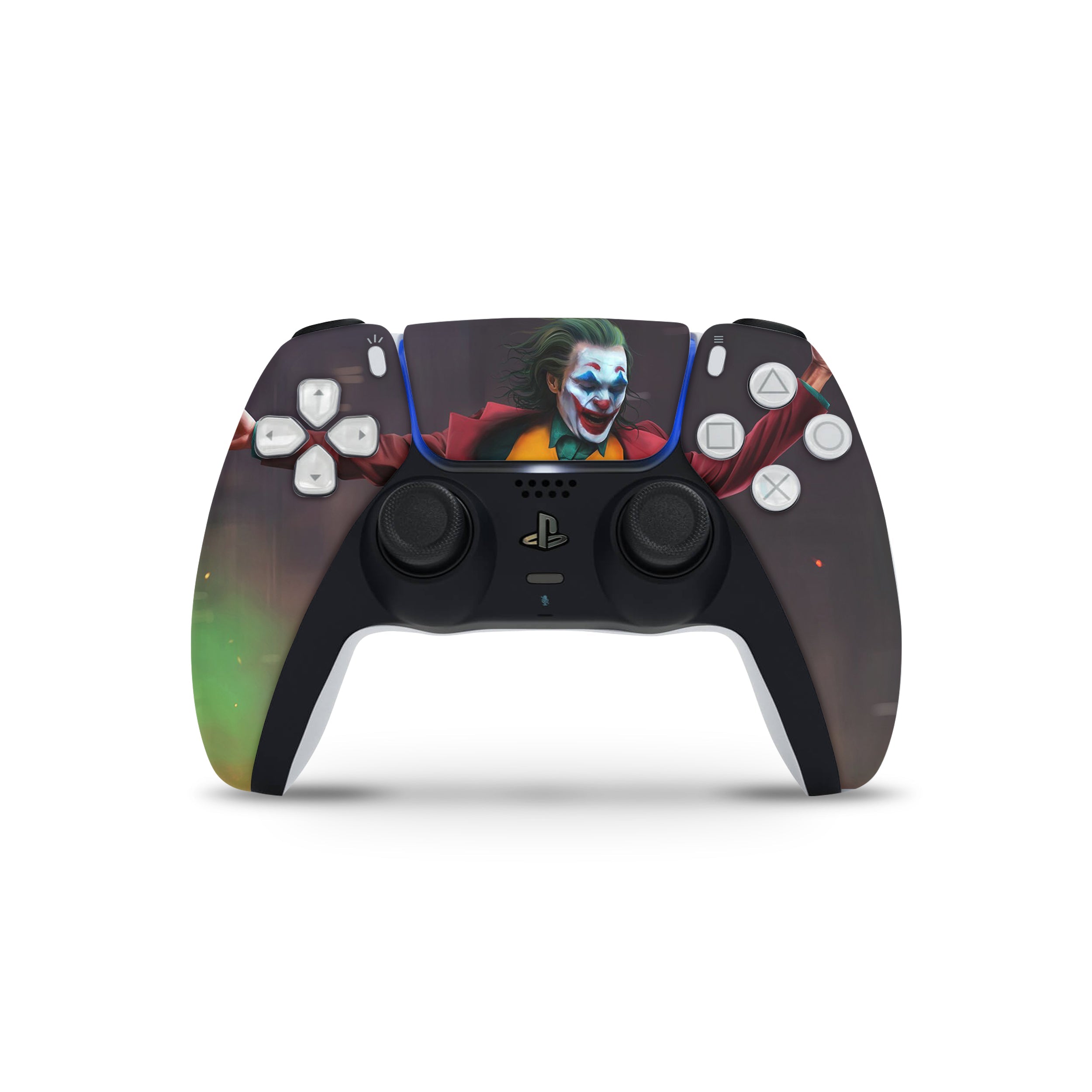 A video game skin featuring a DC Comics Joker design for the PS5 DualSense Controller.