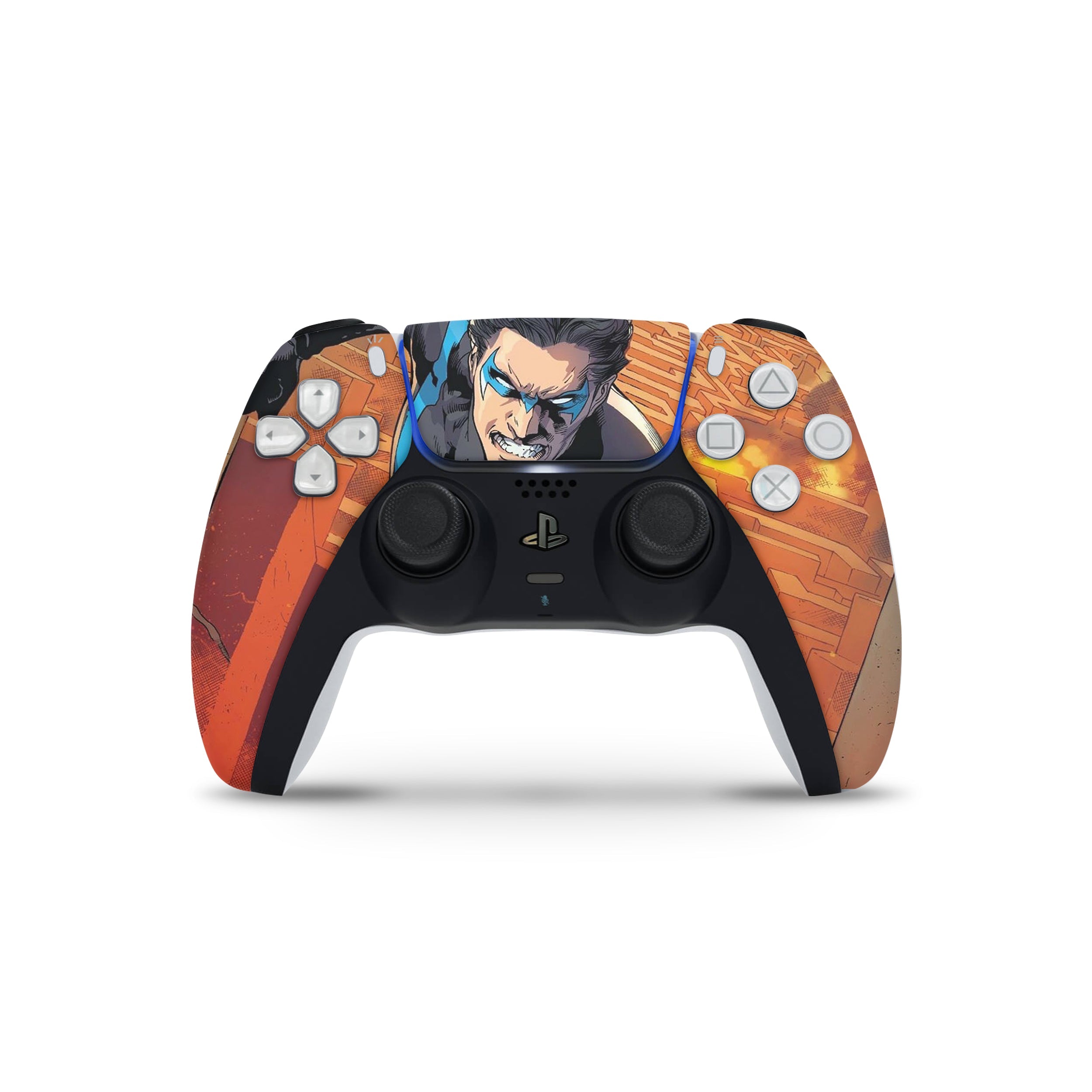 A video game skin featuring a DC Comics Nightwing design for the PS5 DualSense Controller.
