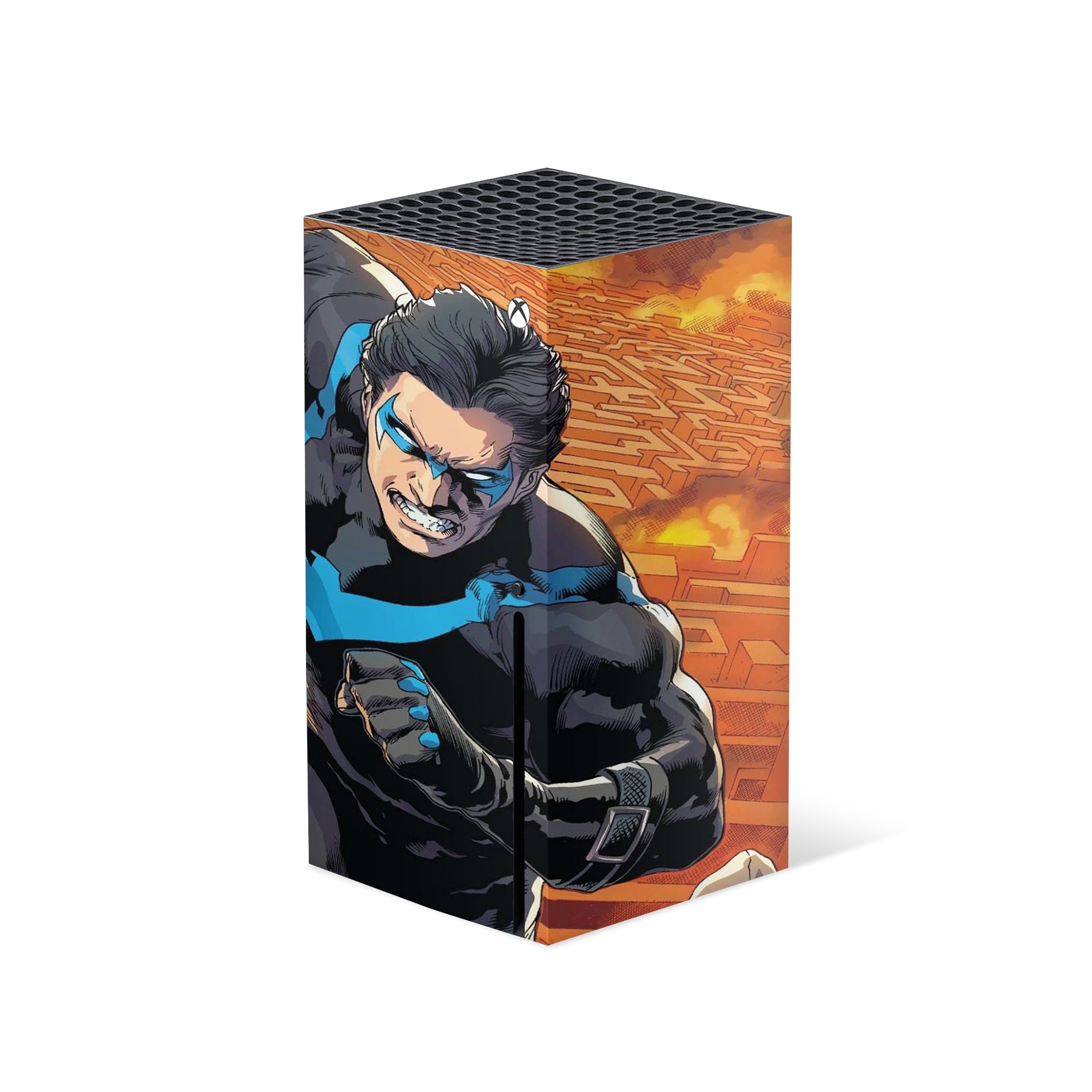 A video game skin featuring a DC Comics Nightwing design for the Xbox Series X.