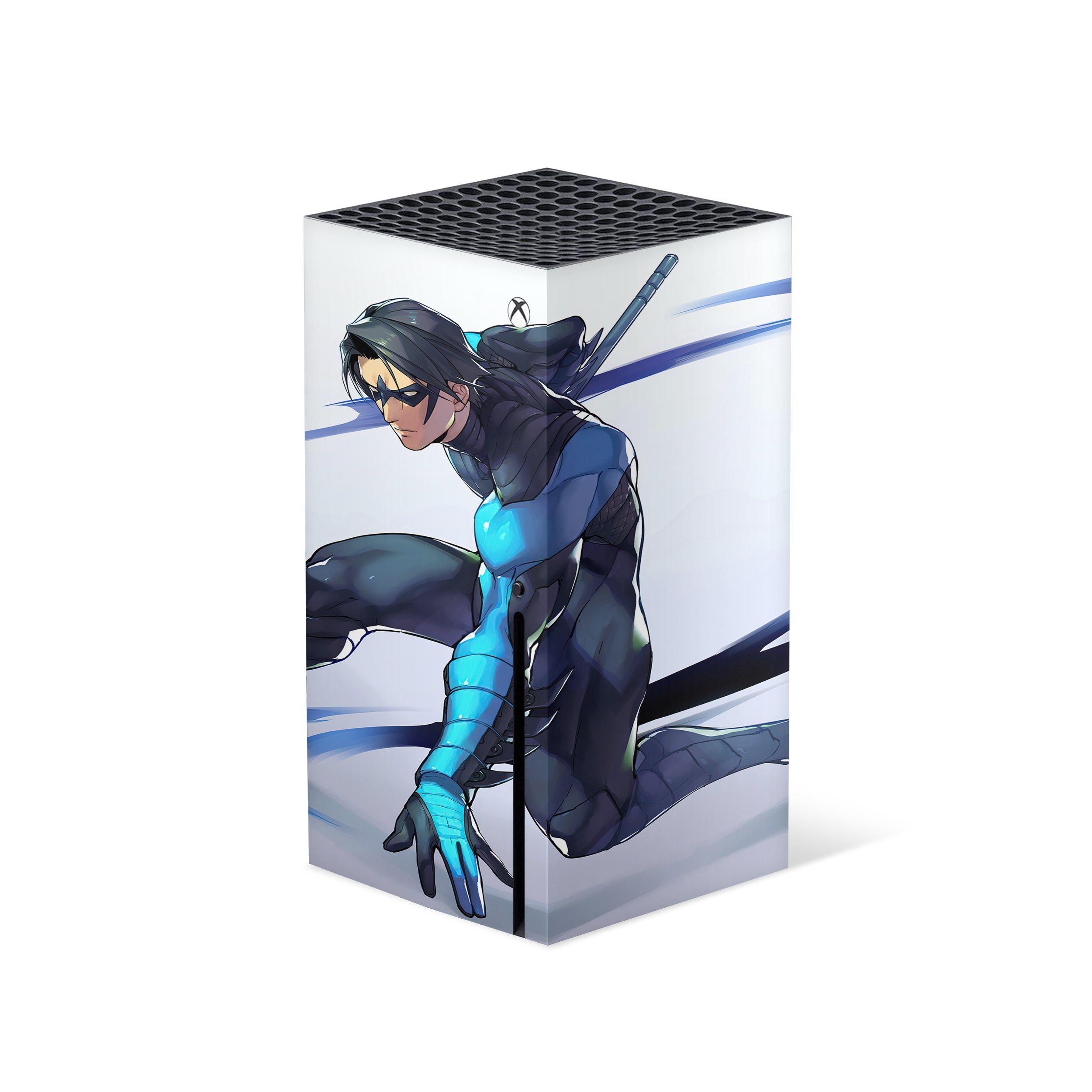 A video game skin featuring a DC Comics Nightwing design for the Xbox Series X.