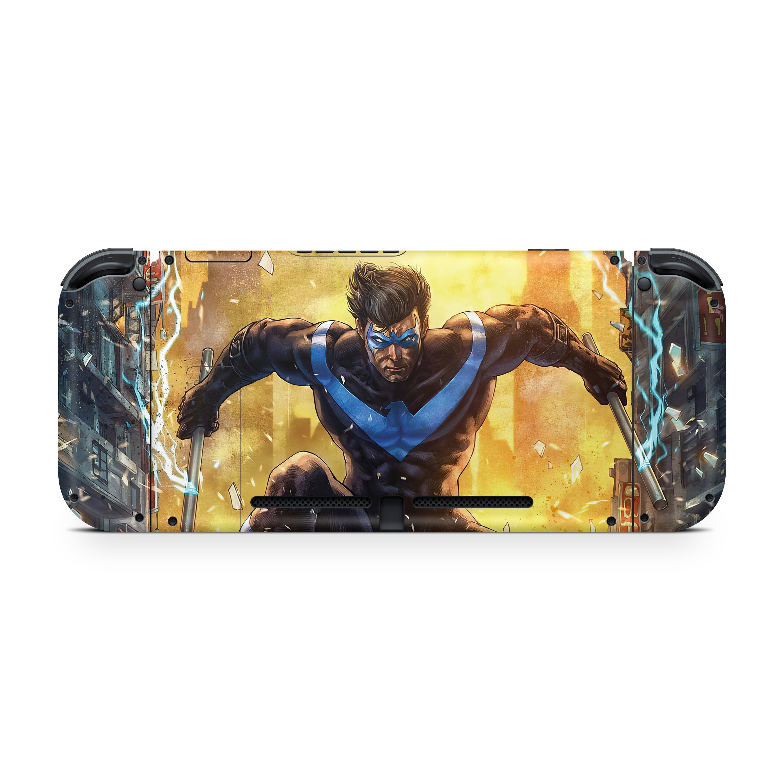 A video game skin featuring a DC Comics Nightwing design for the Nintendo Switch.