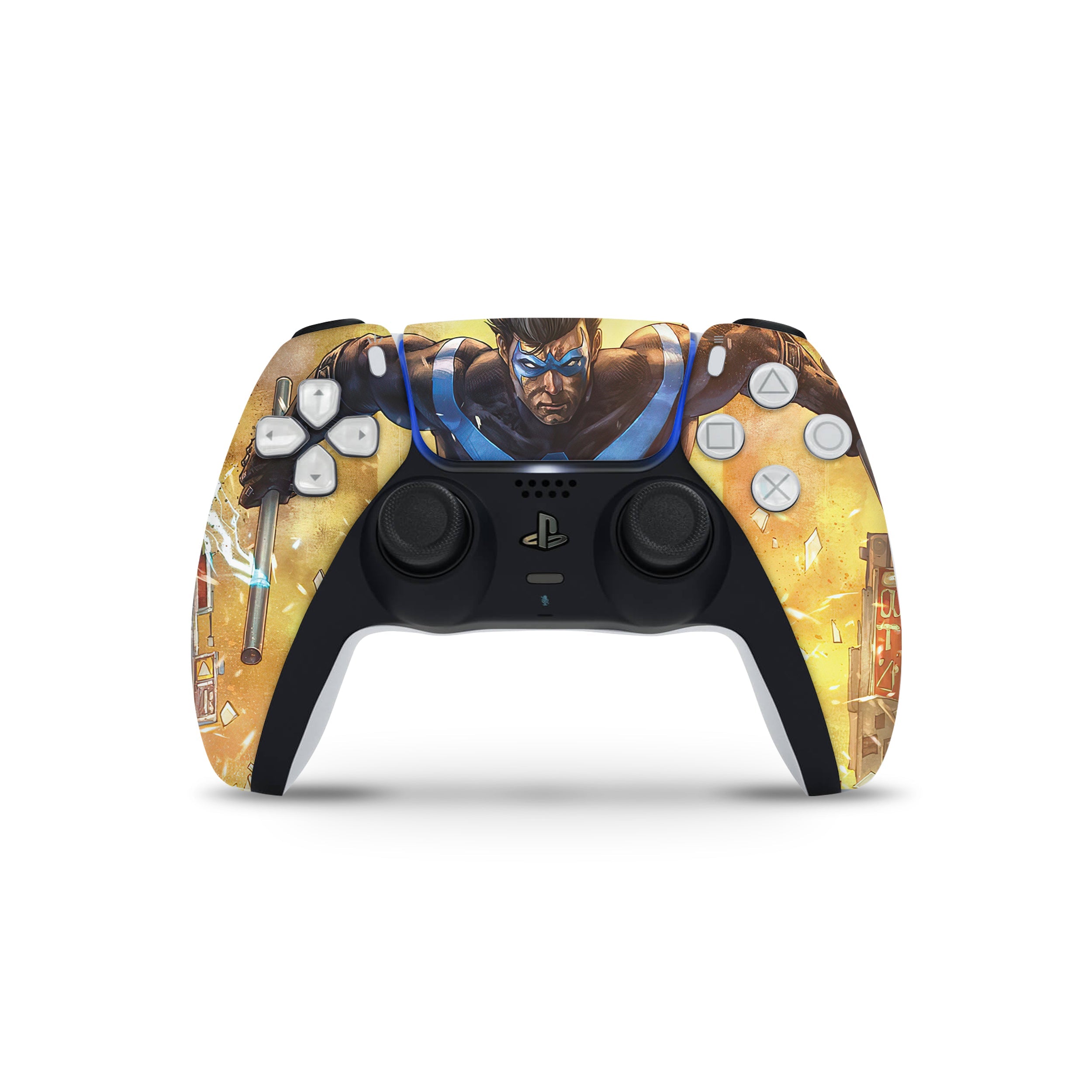 A video game skin featuring a DC Comics Nightwing design for the PS5 DualSense Controller.