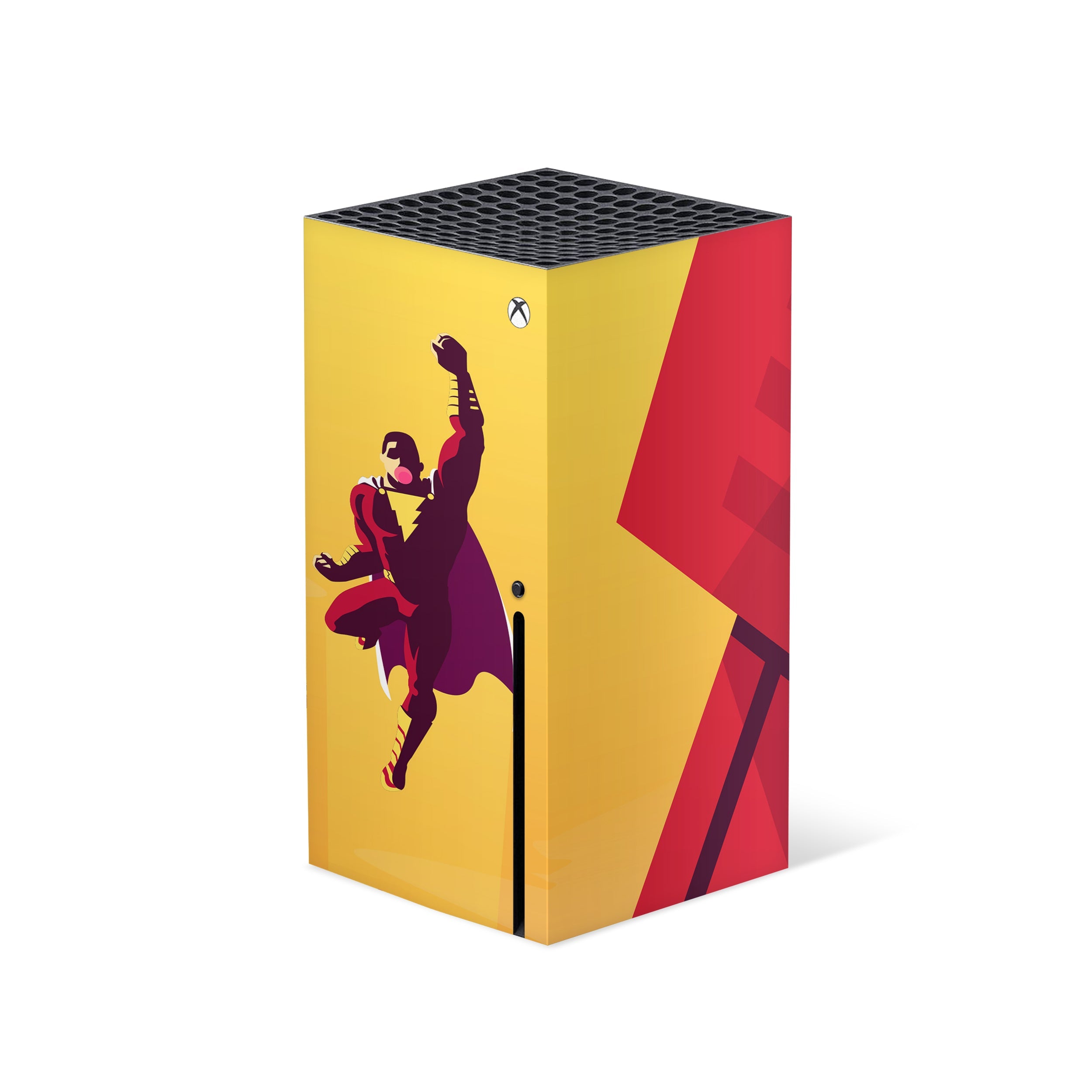 A video game skin featuring a DC Comics Shazam design for the Xbox Series X.