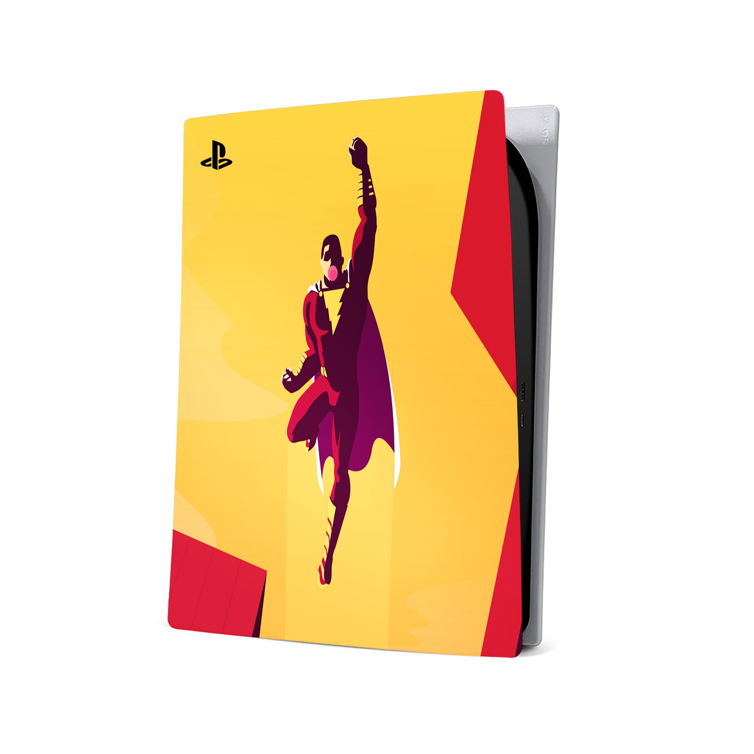 A video game skin featuring a DC Comics Shazam design for the PS5.