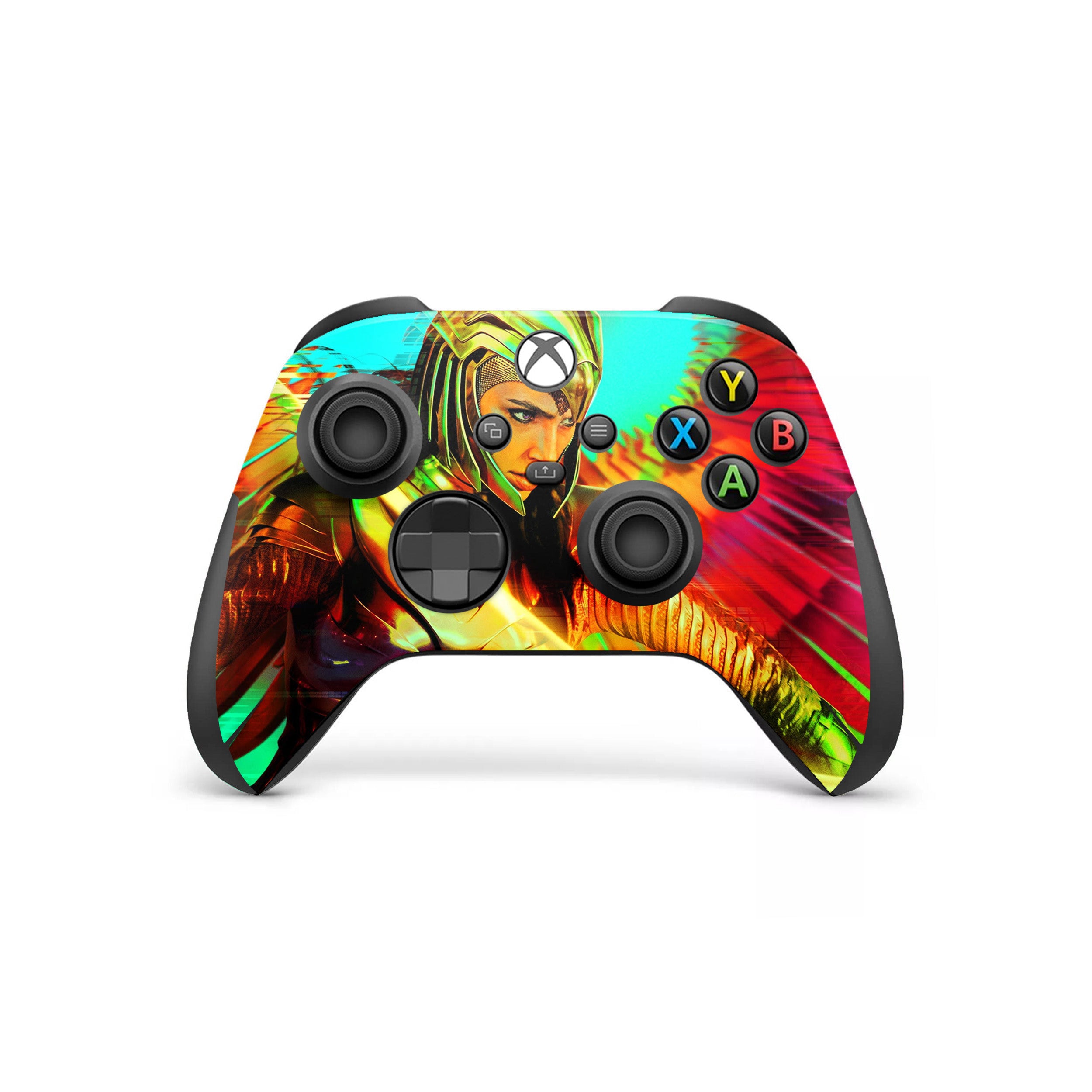 A video game skin featuring a DC Comics Wonder Woman design for the Xbox Wireless Controller.