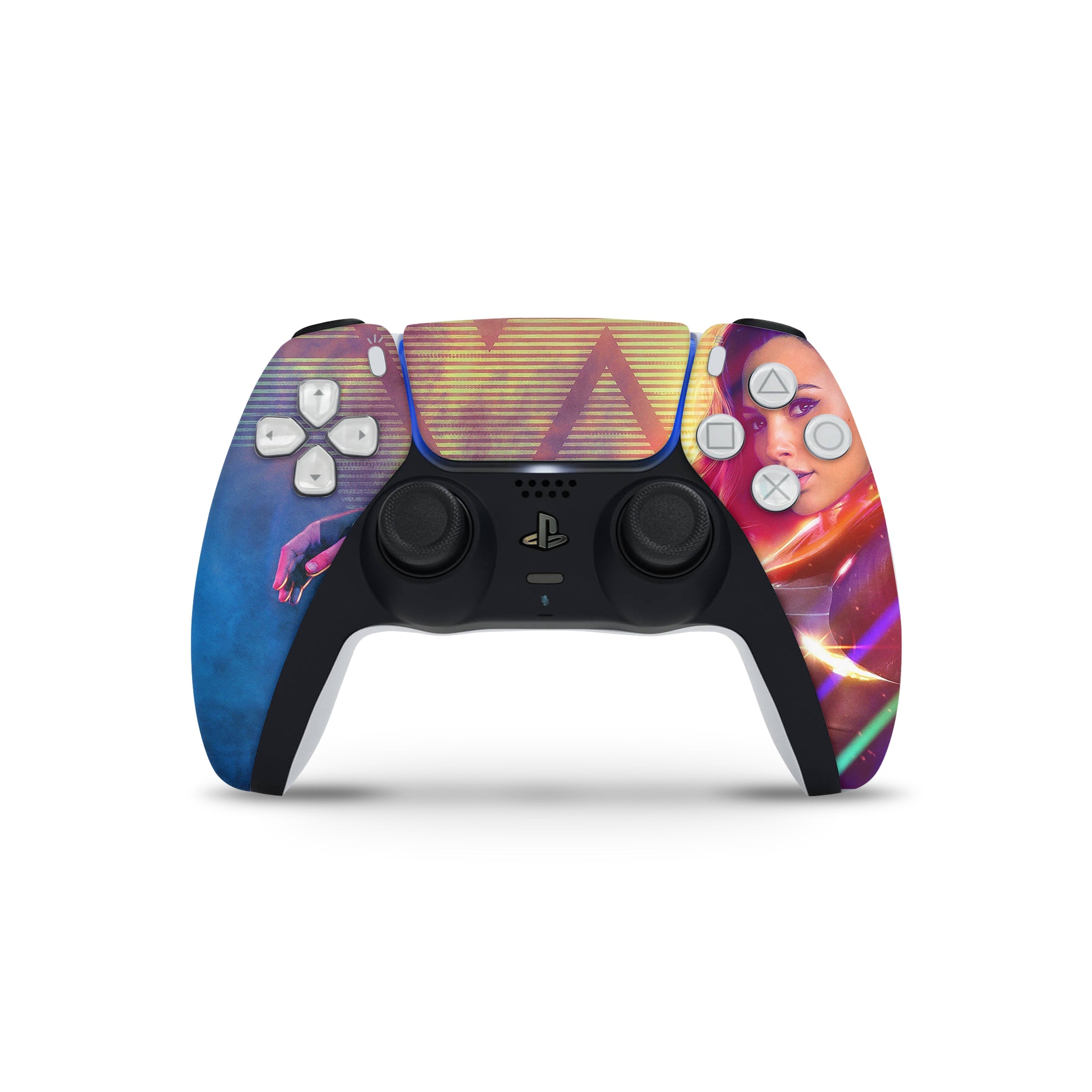 A video game skin featuring a DC Comics Wonder Woman design for the PS5 DualSense Controller.
