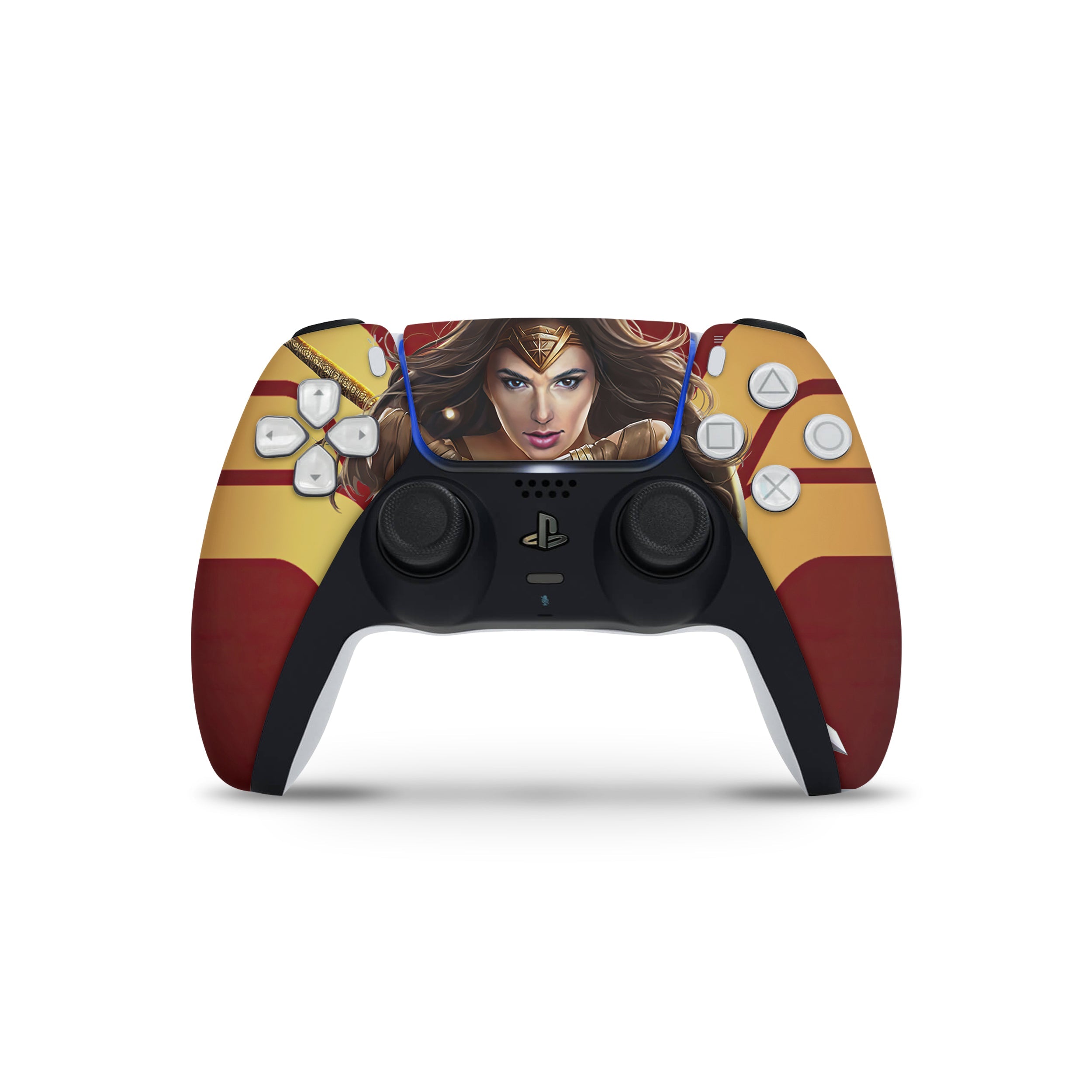 A video game skin featuring a DC Comics Wonder Woman design for the PS5 DualSense Controller.