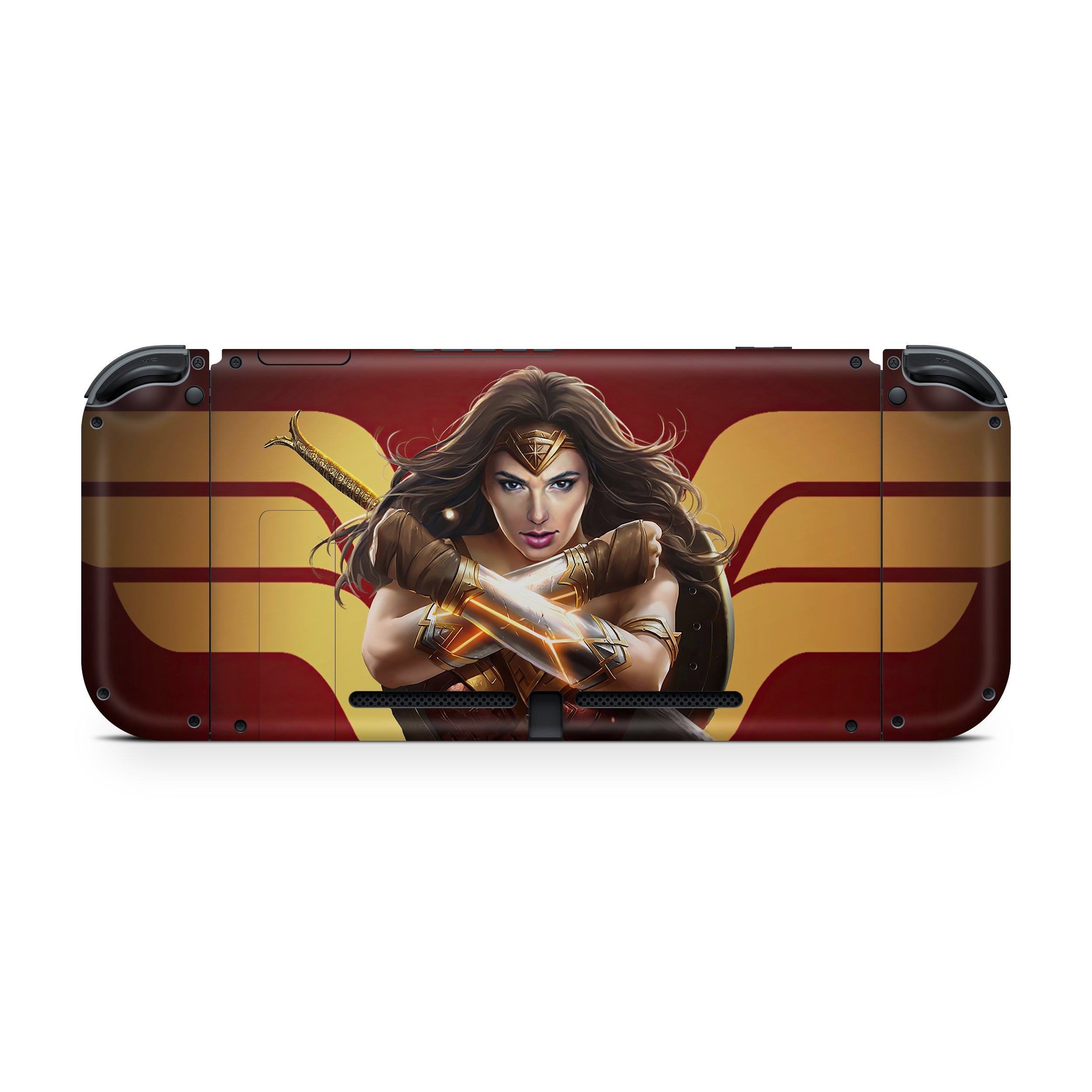 A video game skin featuring a DC Comics Wonder Woman design for the Nintendo Switch.
