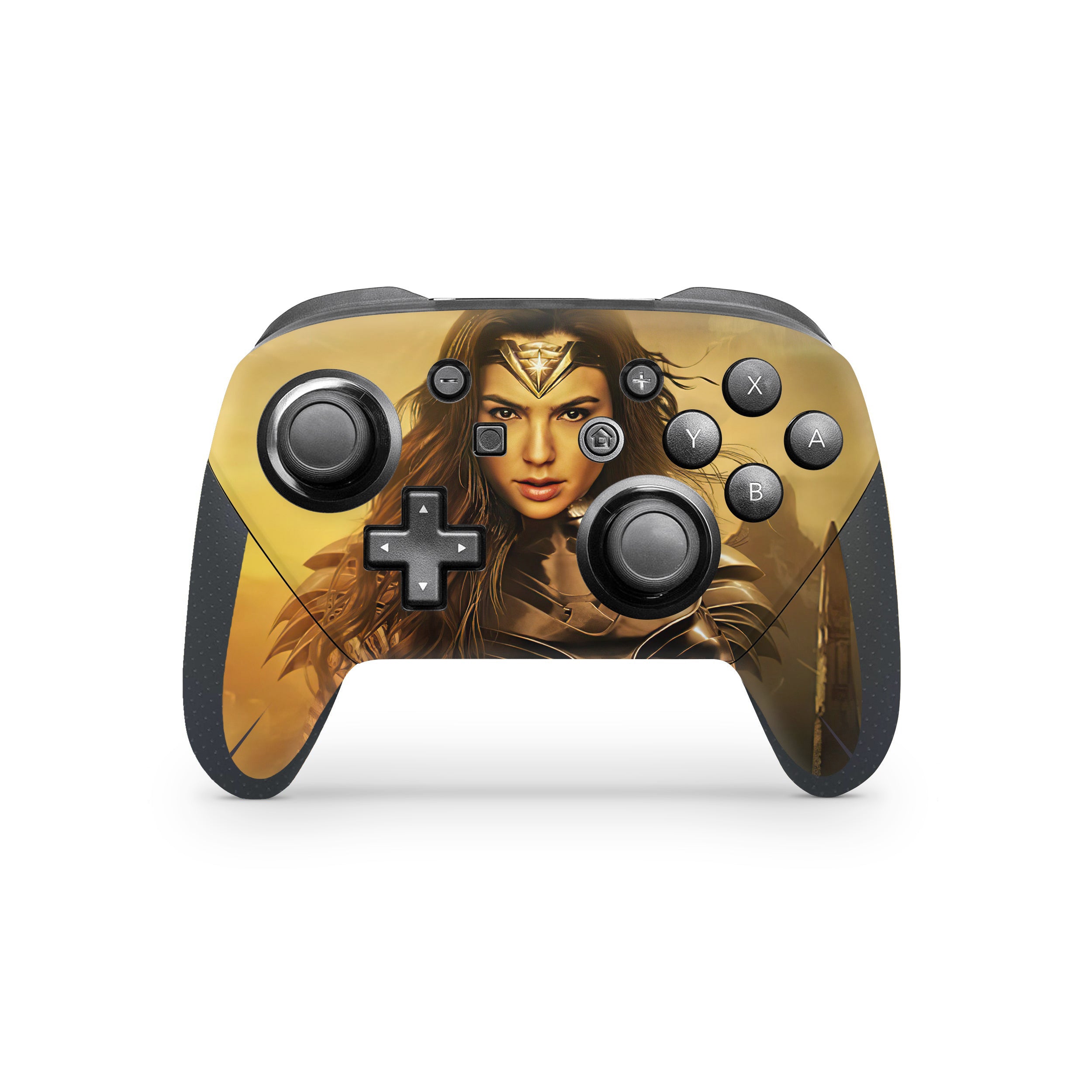 A video game skin featuring a DC Comics Wonder Woman design for the Switch Pro Controller.