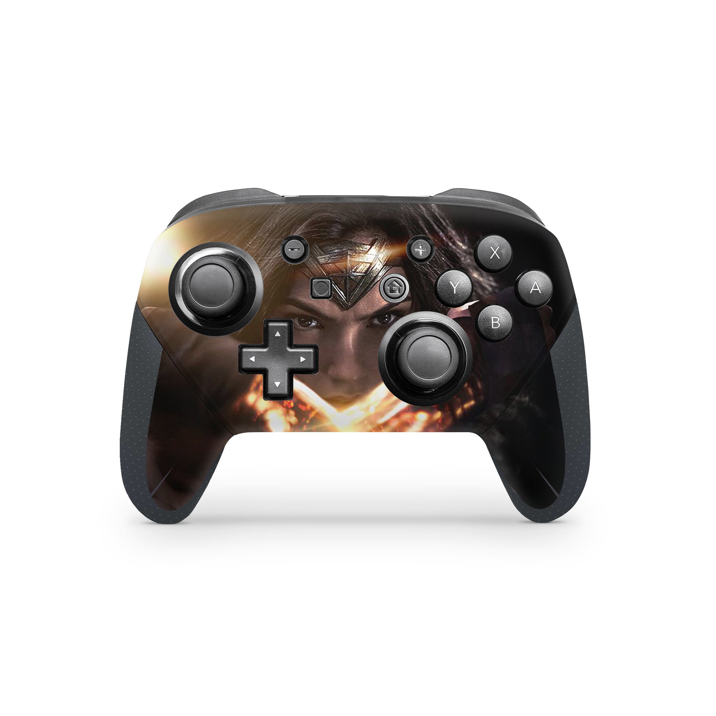 A video game skin featuring a DC Comics Wonder Woman design for the Switch Pro Controller.