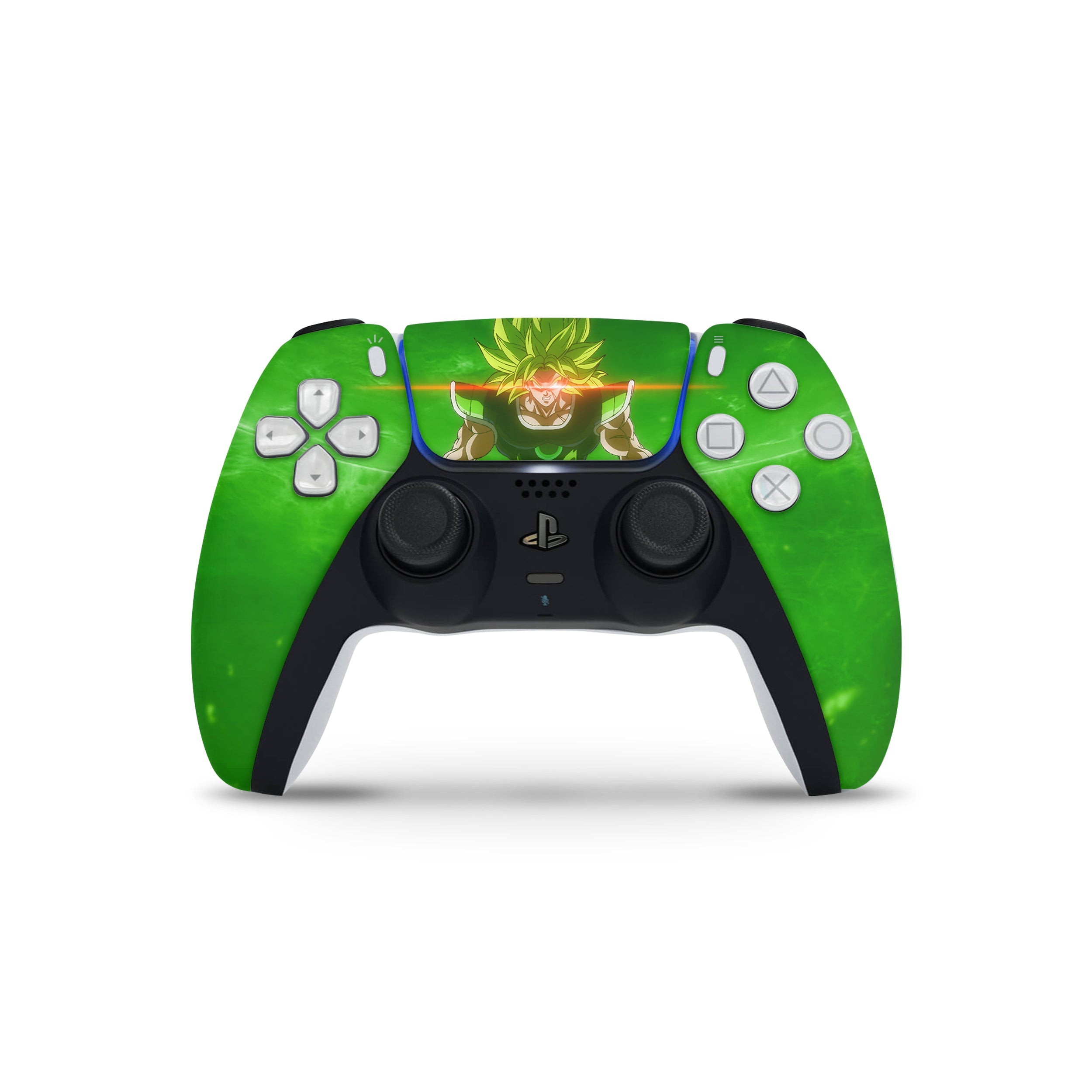 A video game skin featuring a Dragon Ball Super Broly design for the PS5 DualSense Controller.