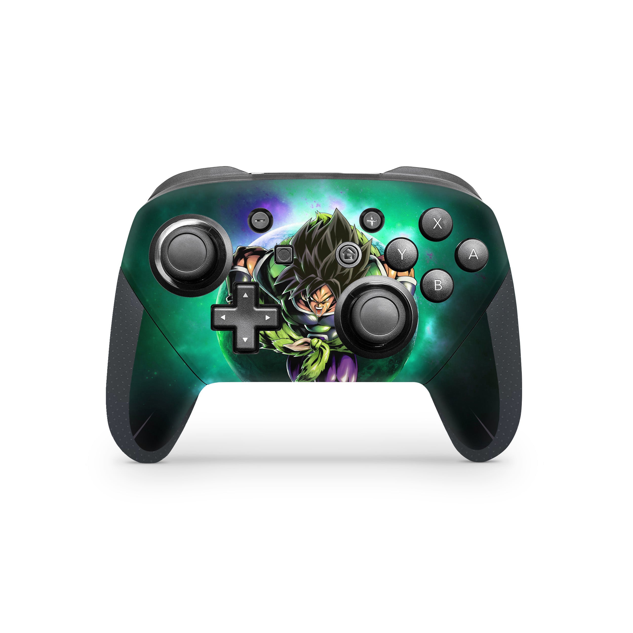 A video game skin featuring a Dragon Ball Super Broly design for the Switch Pro Controller.