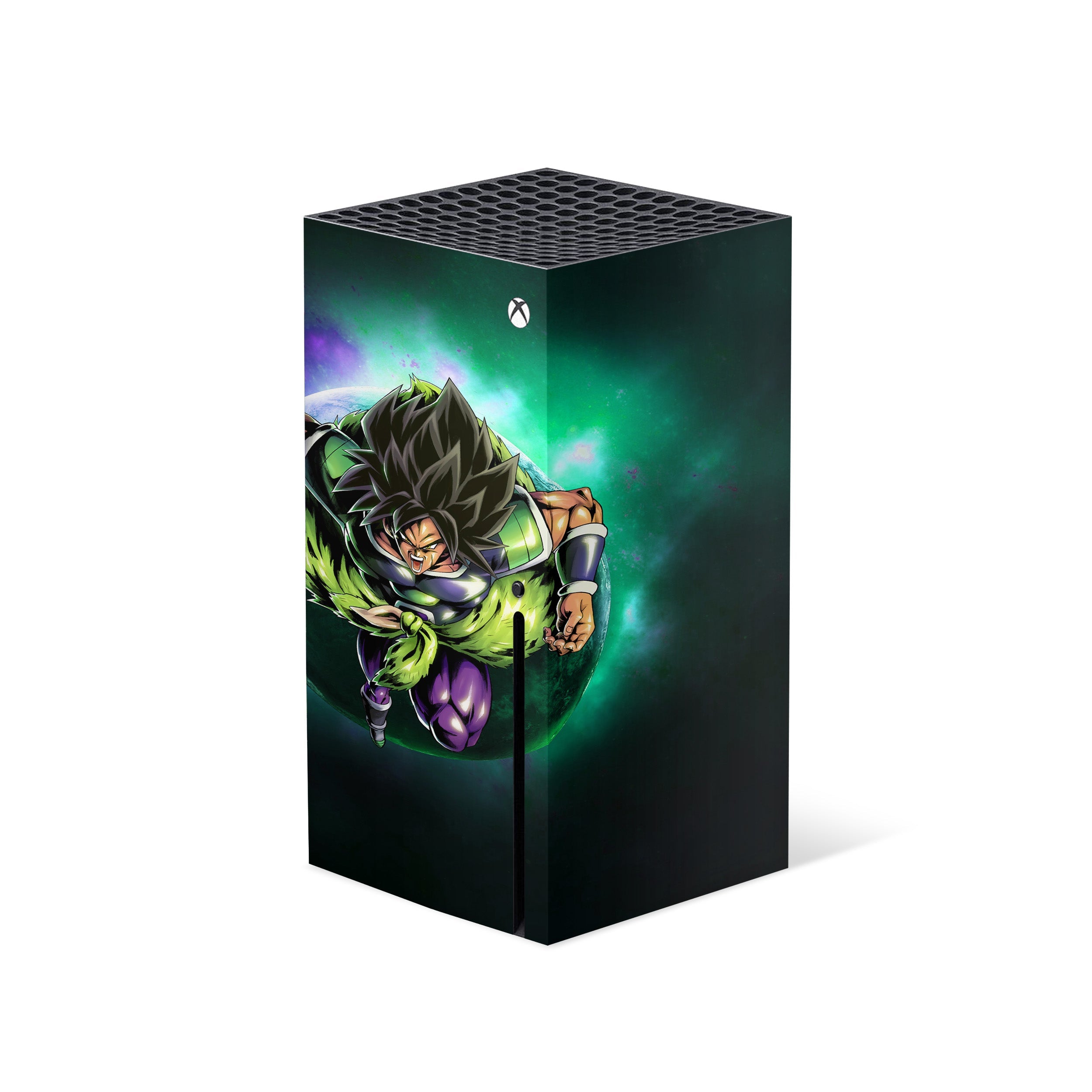 A video game skin featuring a Dragon Ball Super Broly design for the Xbox Series X.