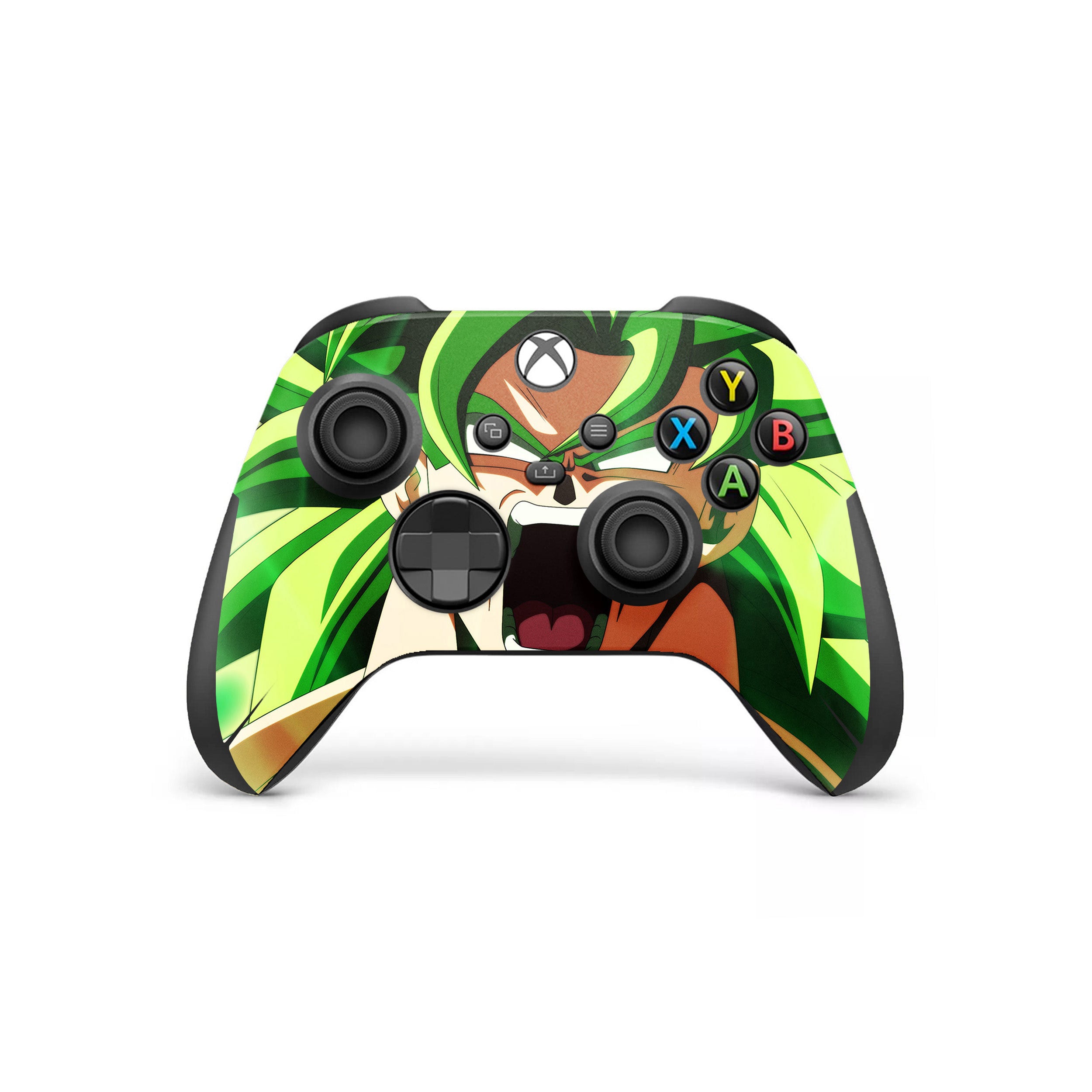 A video game skin featuring a Dragon Ball Super Broly design for the Xbox Wireless Controller.